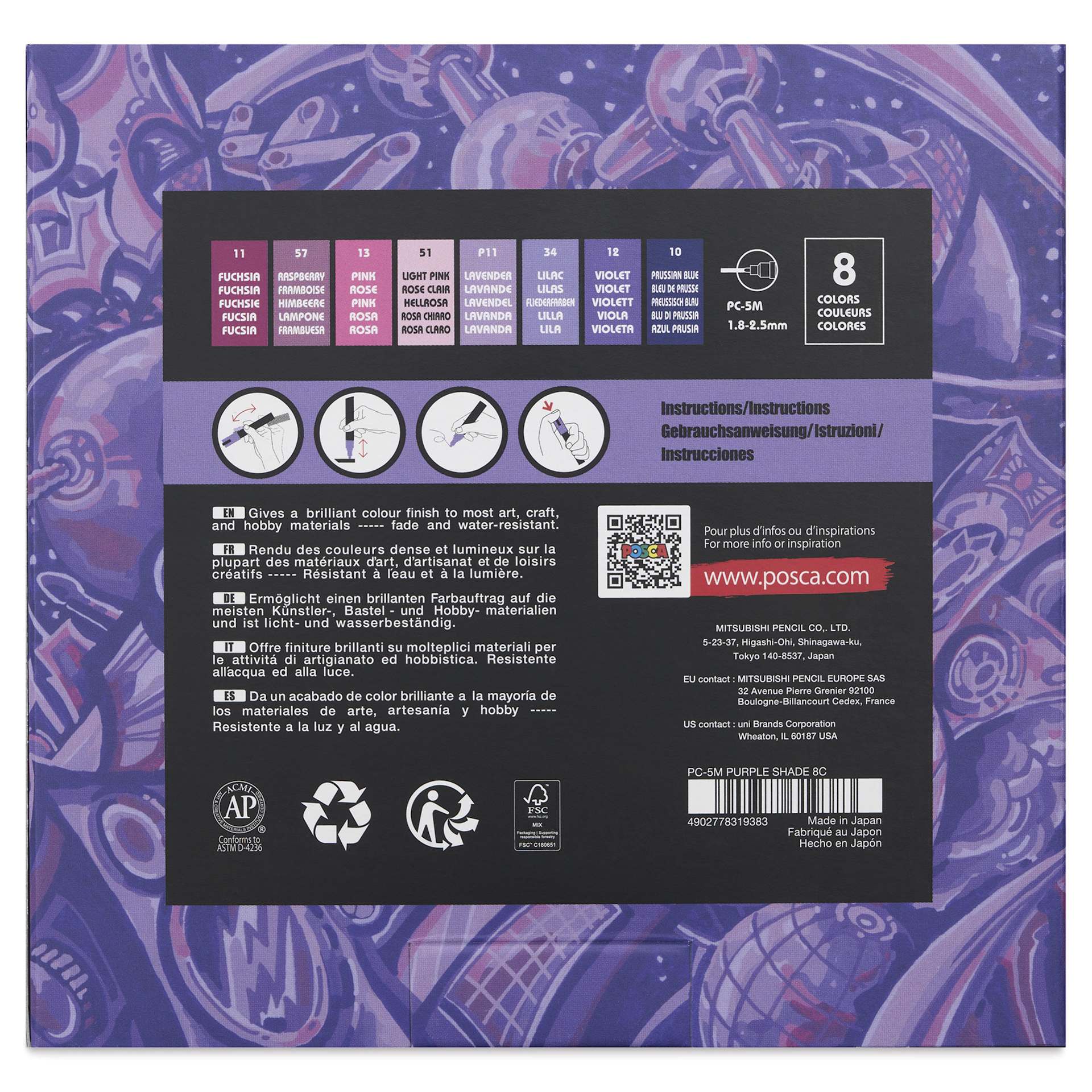 Posca Paint Markers - Set of 8, Purple Shade Colors, Medium Bullet Tip, back of the packaging