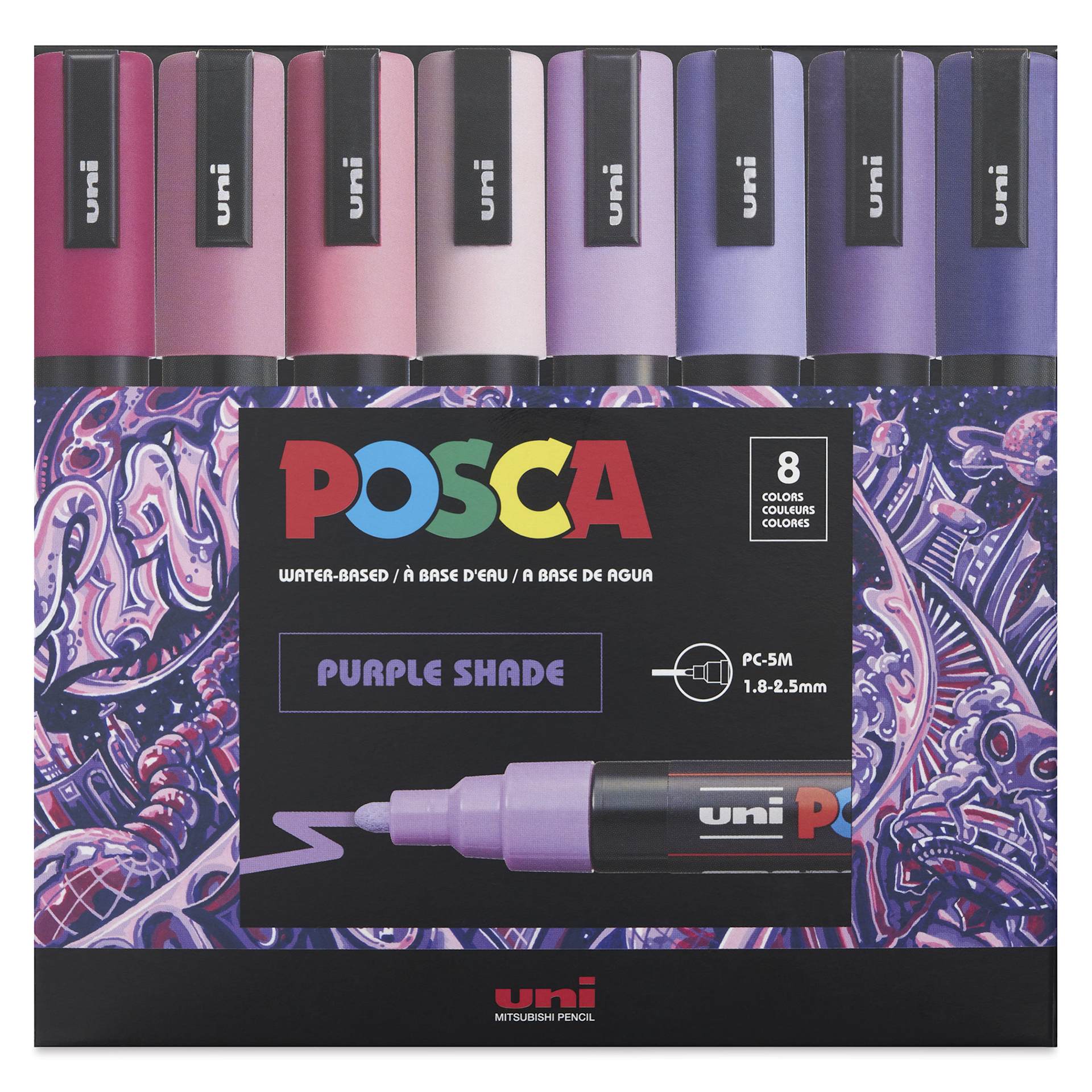 Posca Paint Markers - Set of 8, Purple Shade Colors, Medium Bullet Tip, front of the packaging