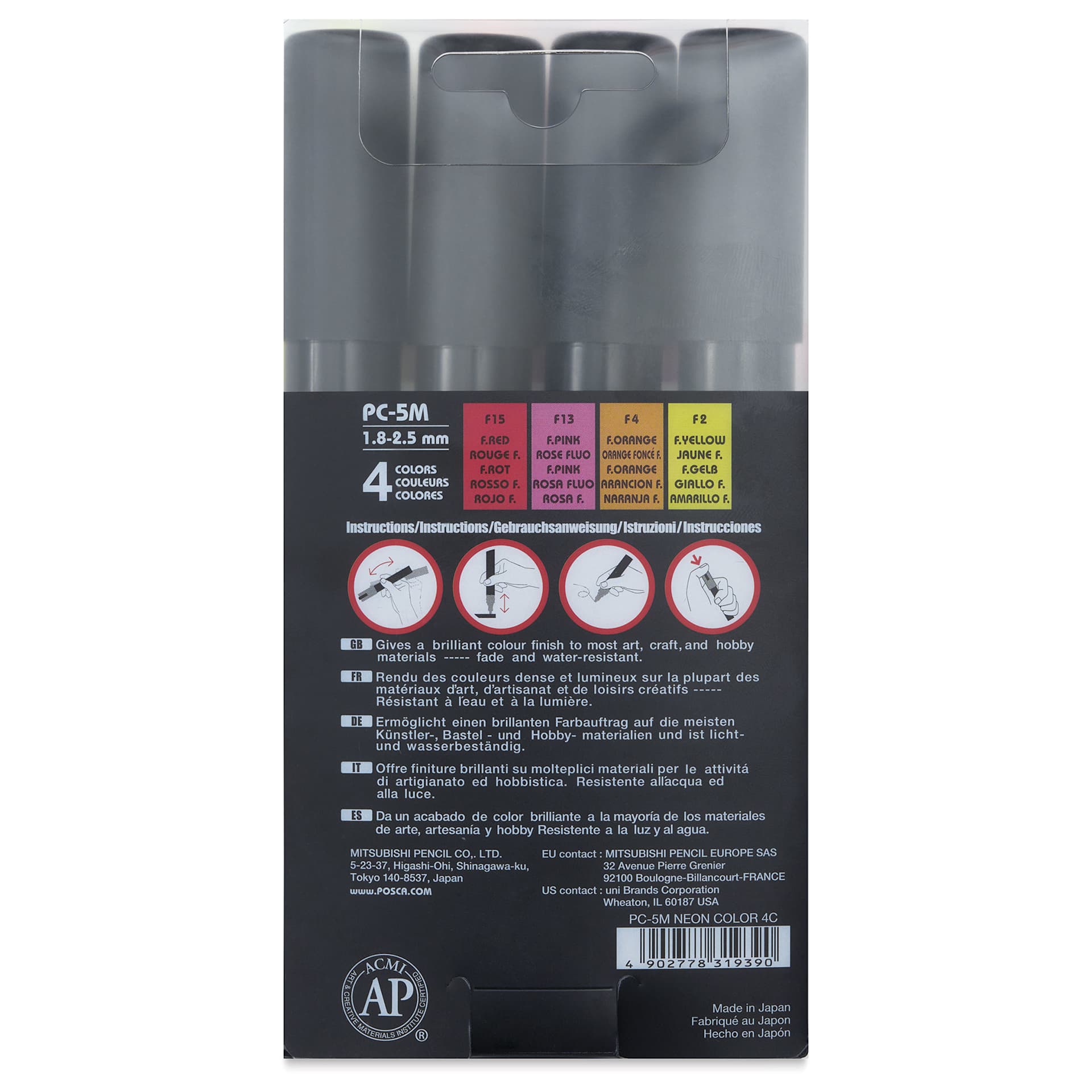 Posca Paint Markers - Set of 4, Neon Colors, Medium Bullet Tip, back of packaging