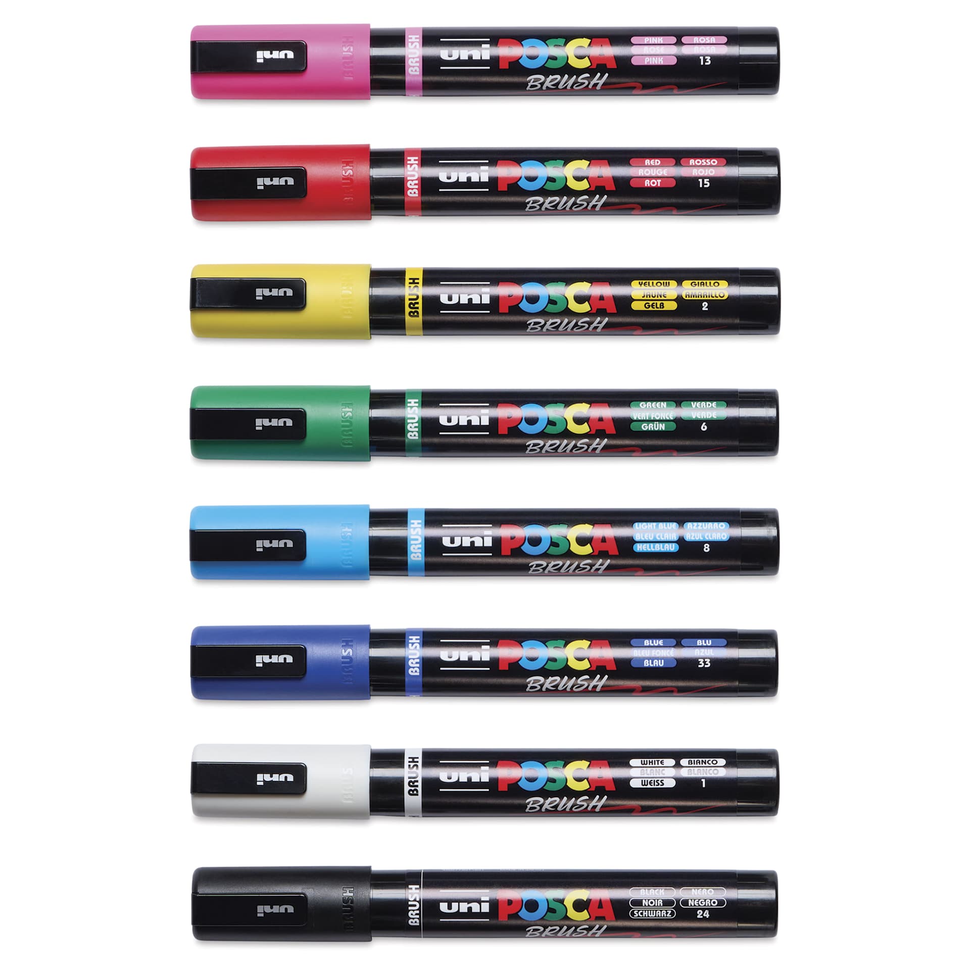 Posca Brush Paint Markers - Set of 8, Assorted Colors, Brush Tip, cap on