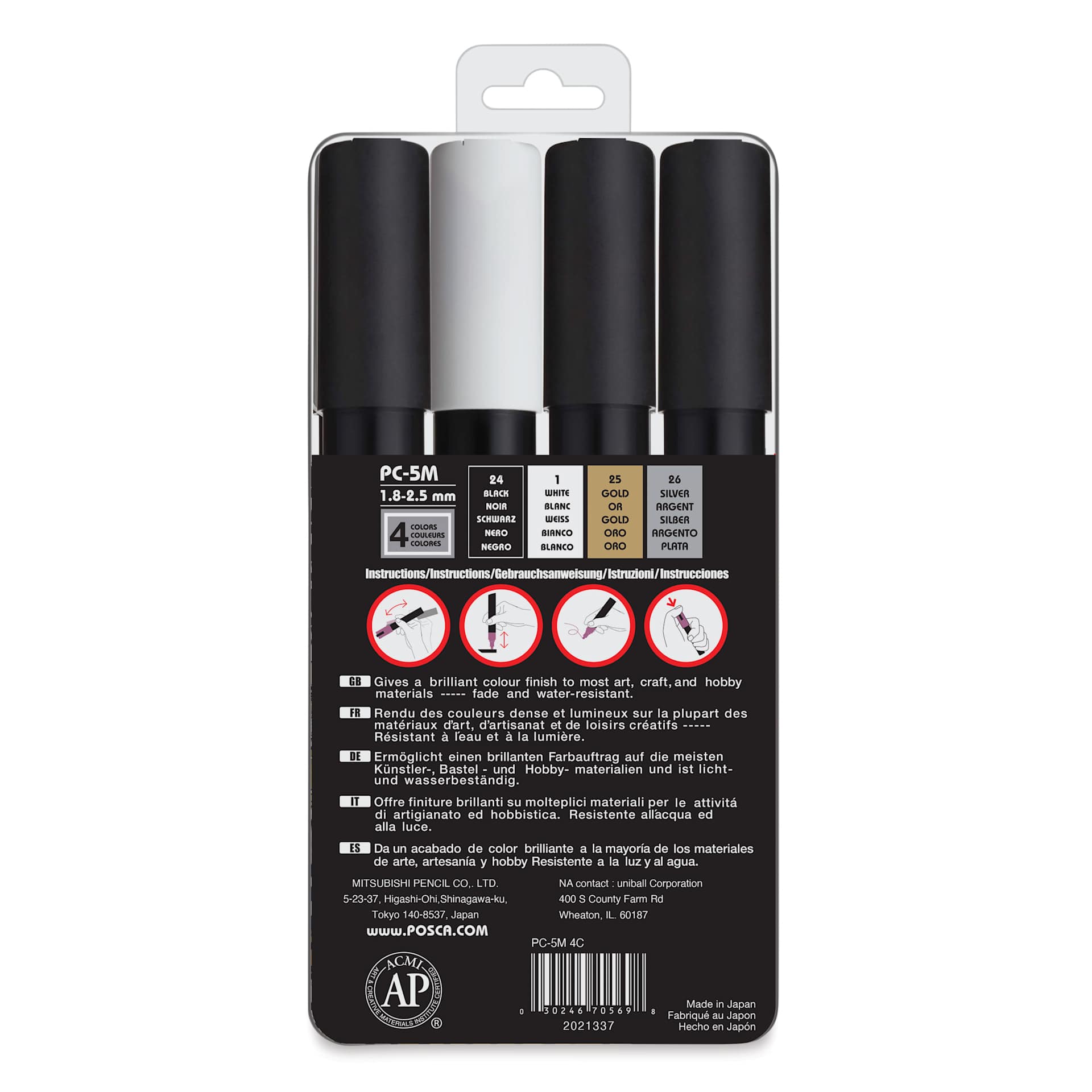 Posca Paint Markers - Set of 4, Assorted Colors, Medium Bullet Tip, 1.8 mm to 2.5 mm, back of packaging
