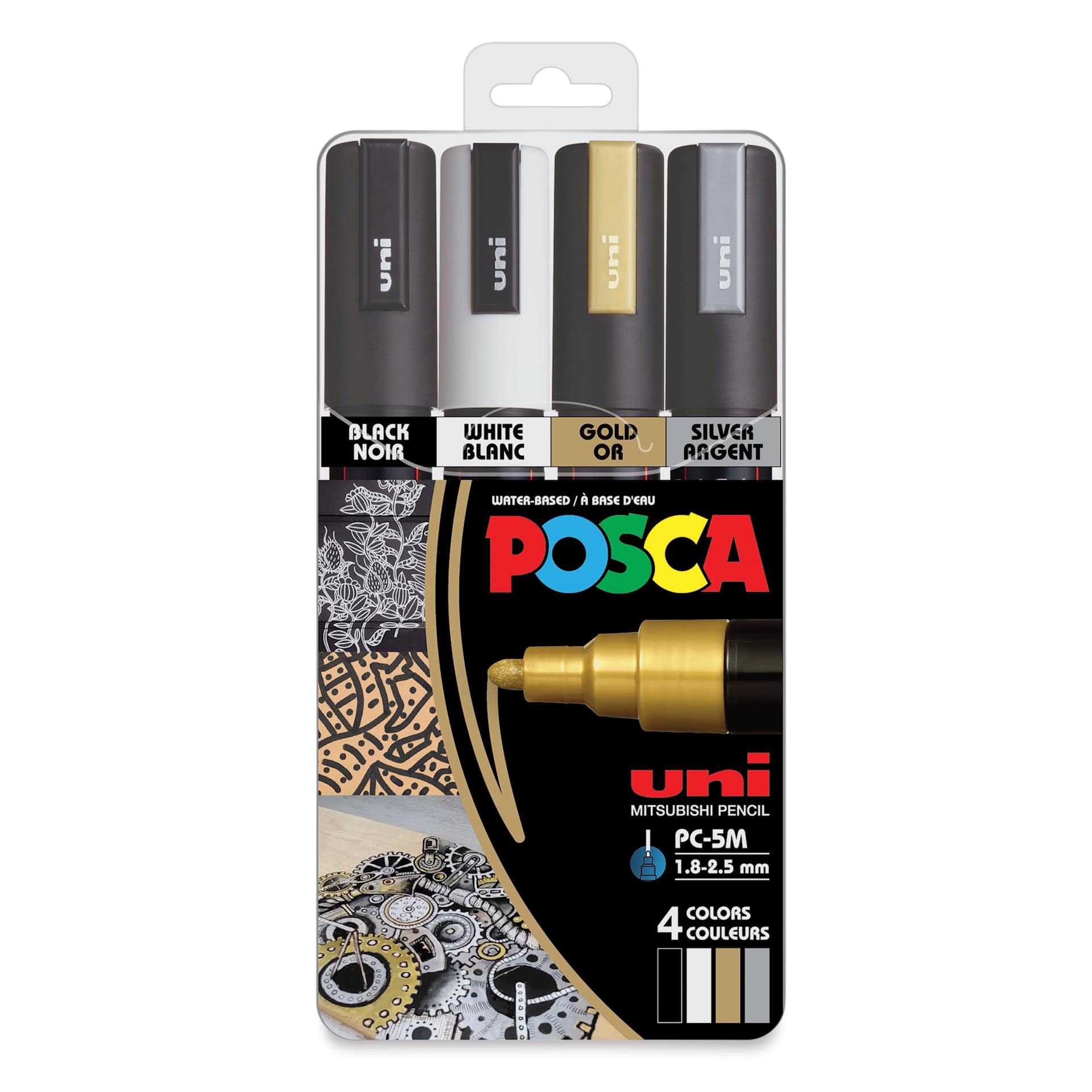 Posca Paint Markers - Set of 4, Assorted Colors, Medium Bullet Tip, 1.8 mm to 2.5 mm, front of packaging