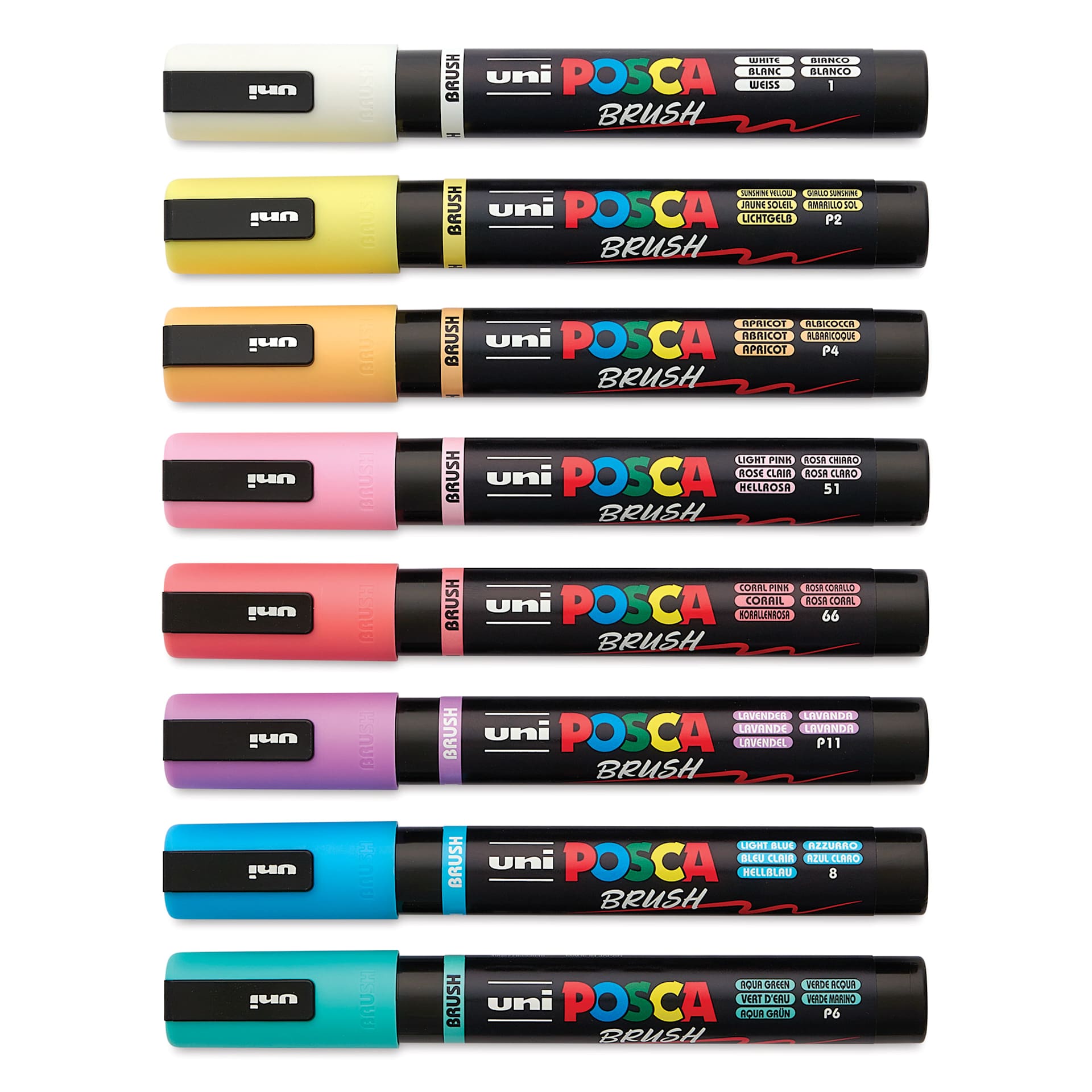 Posca Brush Paint Markers - Set of 8, Soft Colors, Brush Tip, 1 - 4 mm, capped