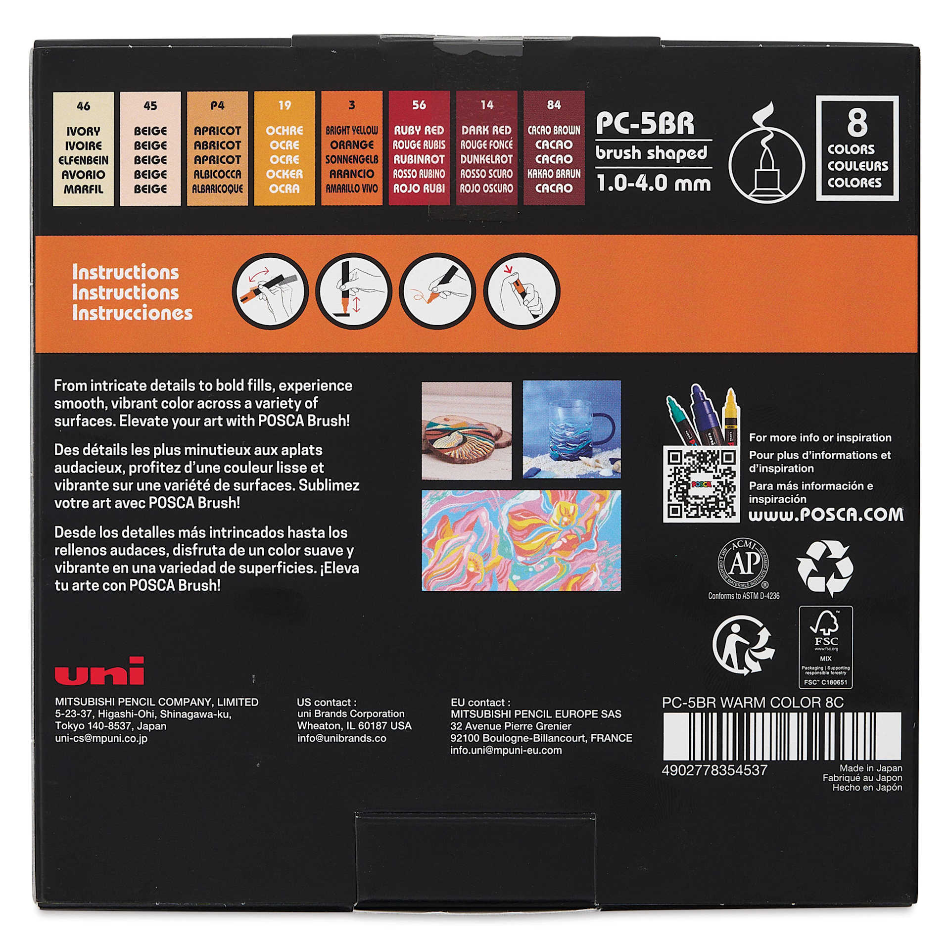 Posca Brush Paint Markers - Set of 8, Warm Colors, Brush Tip, 1 - 4 mm, back of packaging