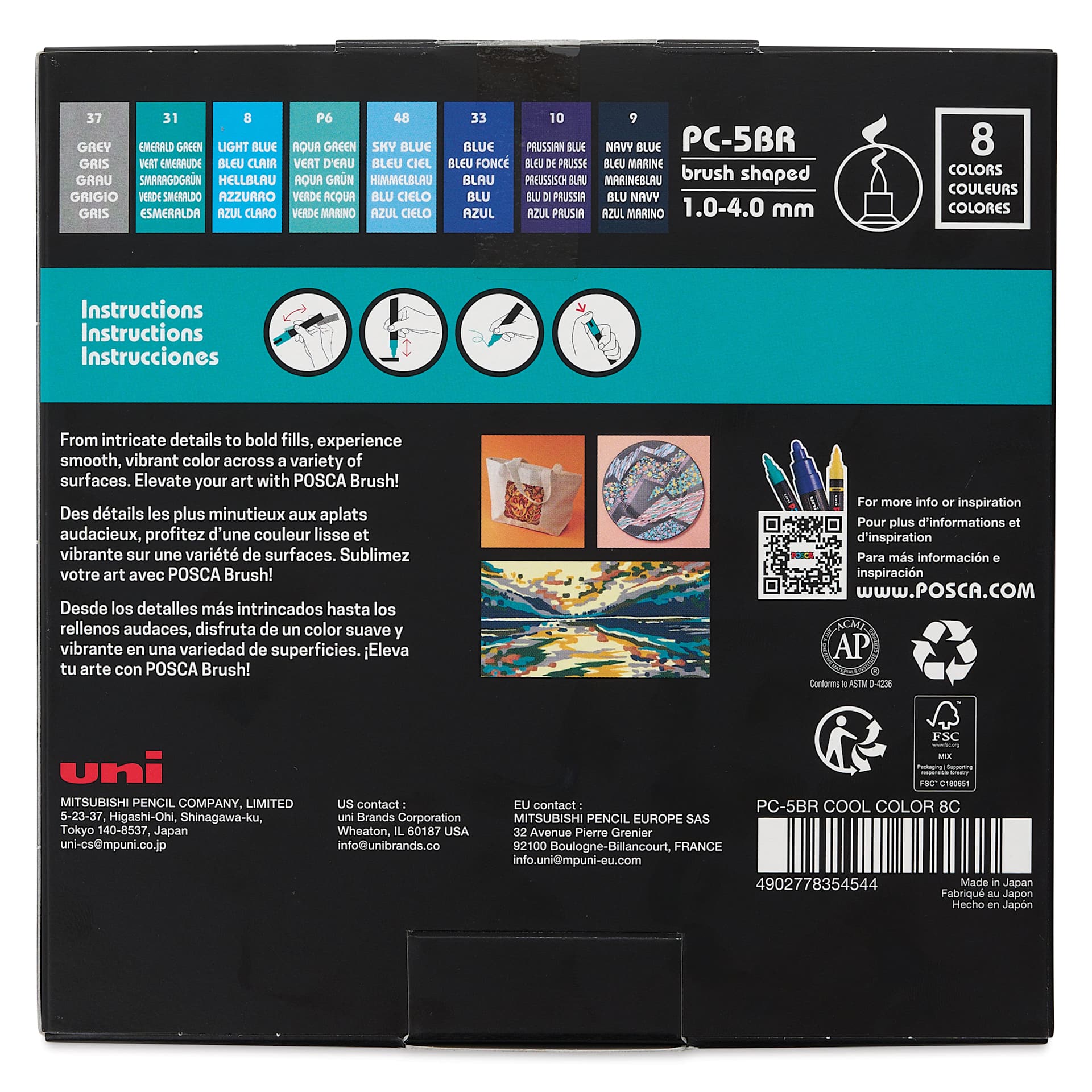 Posca Brush Paint Markers - Set of 8, Cool Tones, Brush Tip, 1 - 4 mm, back of packaging