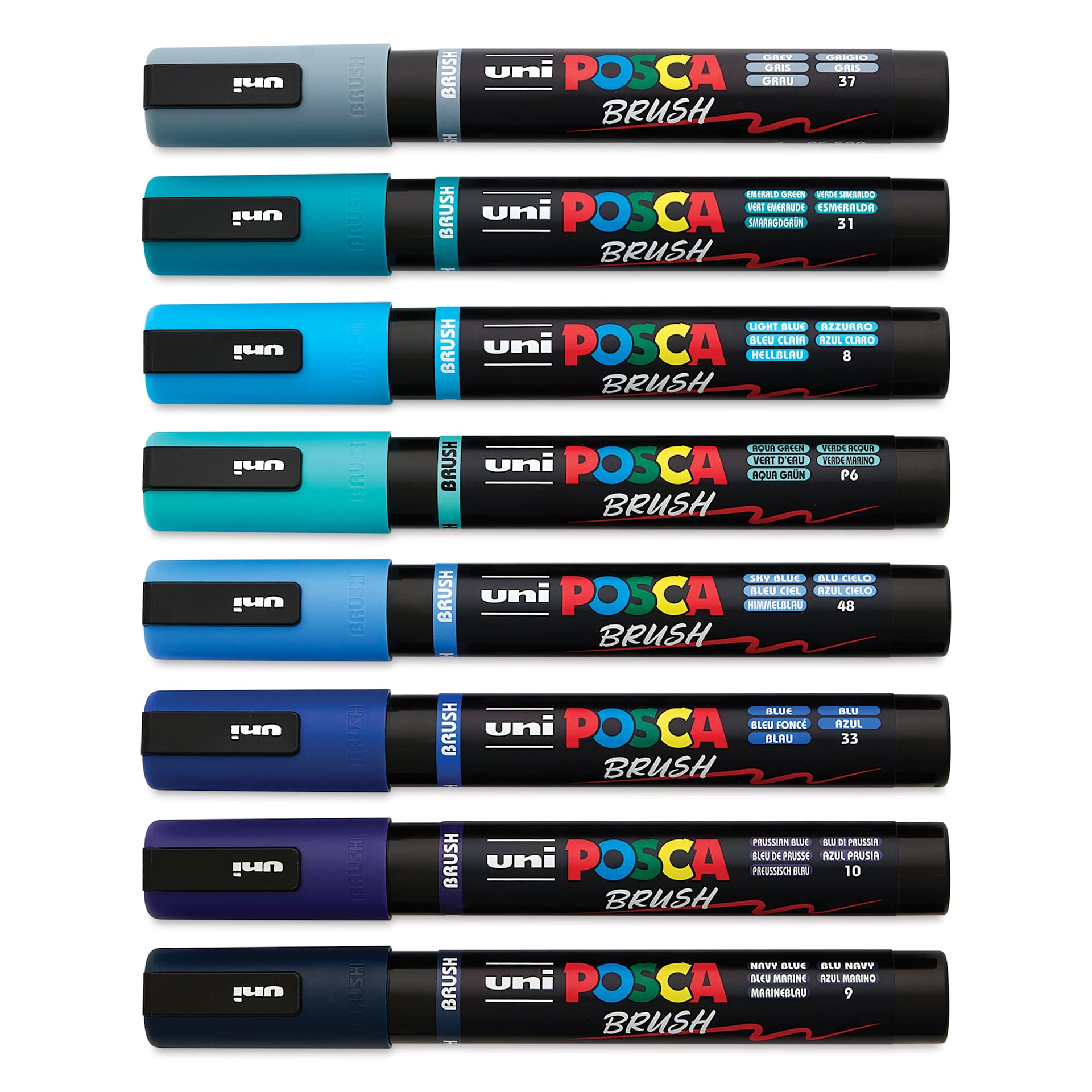 Posca Brush Paint Markers - Set of 8, Cool Tones, Brush Tip, 1 - 4 mm, capped