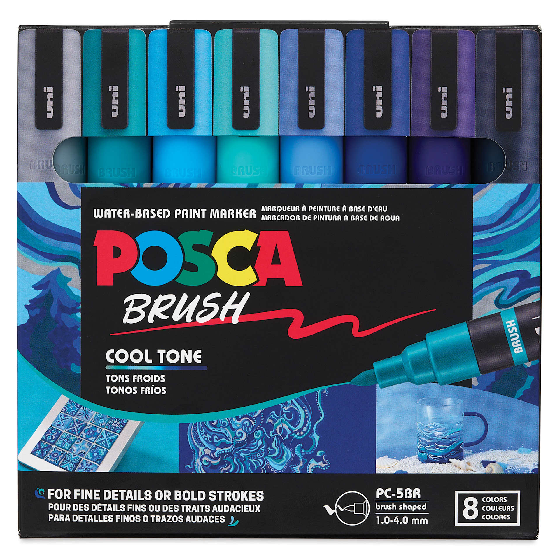 Posca Brush Paint Markers - Set of 8, Cool Tones, Brush Tip, 1 - 4 mm, front of packaging