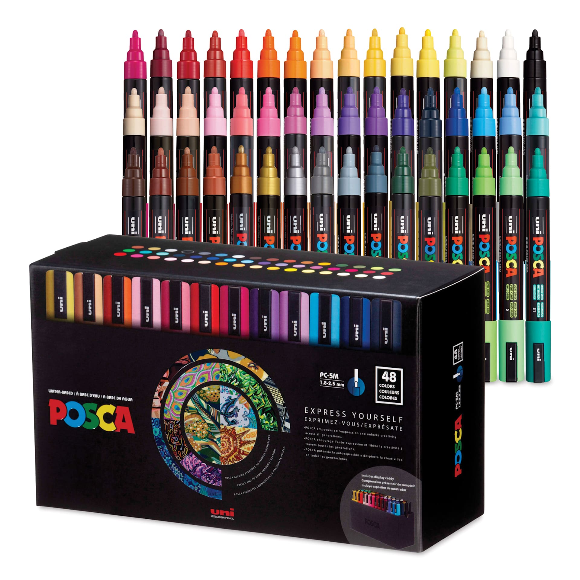 Posca Paint Markers - Set of 48, Assorted Colors, Medium Bullet Tip, 2.5 mm, packaging and contents