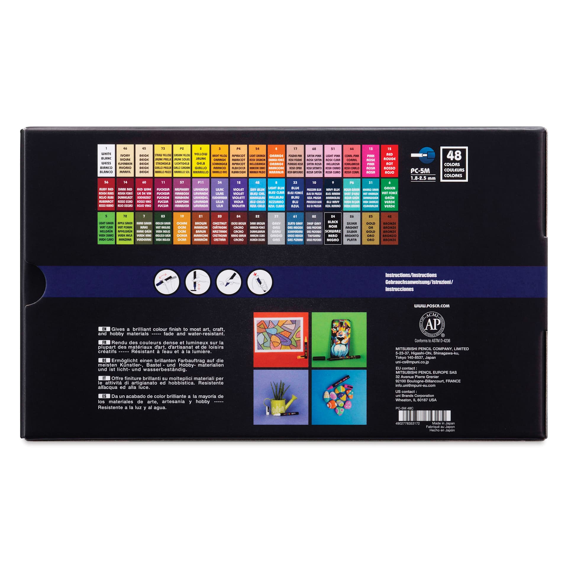 Posca Paint Markers - Set of 48, Assorted Colors, Medium Bullet Tip, 2.5 mm, back of packaging