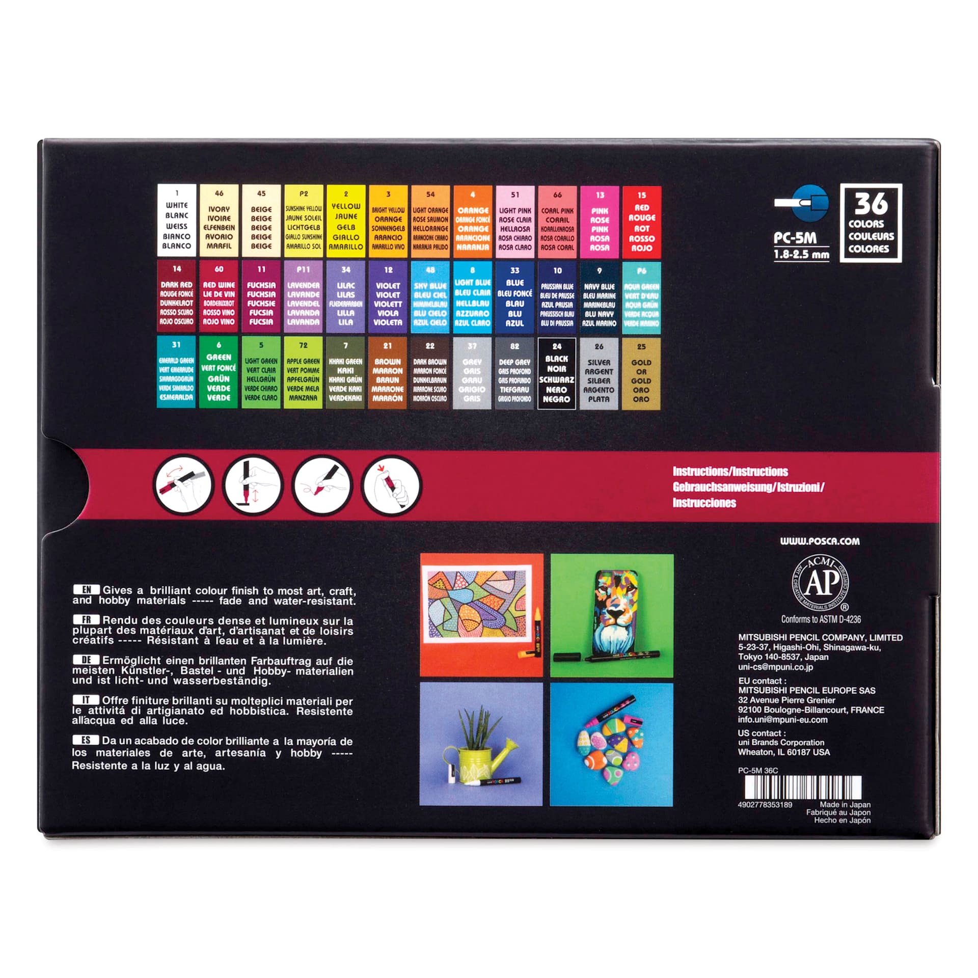 Posca Paint Markers - Set of 36, Assorted Colors, Medium Bullet Tip, 2.5 mm, back of packaging