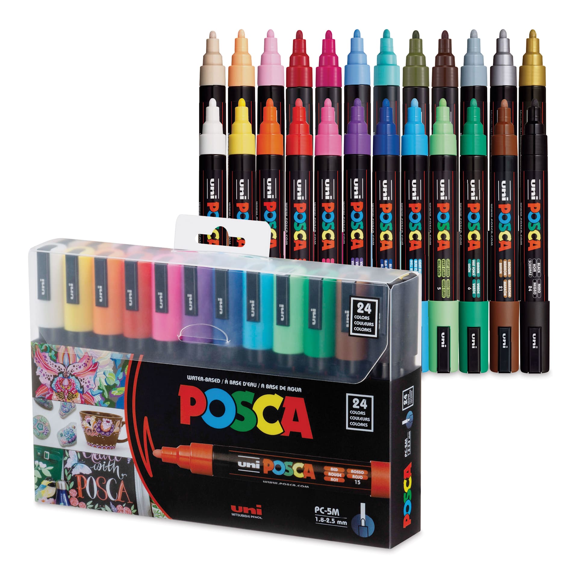 Posca Paint Markers - Set of 24, Assorted Colors, Medium Bullet Tip, 2.5 mm, packaging and contents