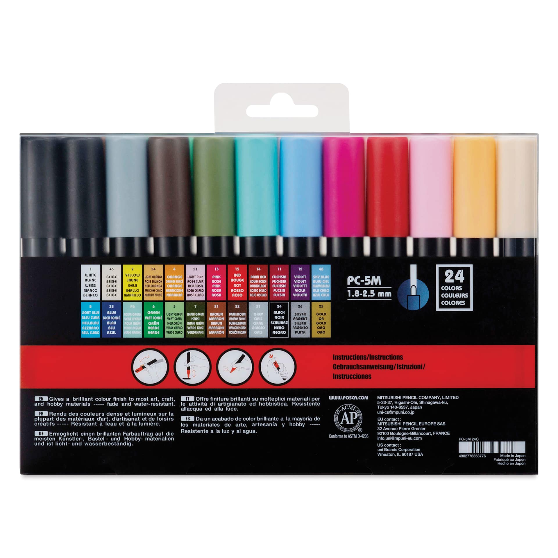 Posca Paint Markers - Set of 24, Assorted Colors, Medium Bullet Tip, 2.5 mm, back of packaging
