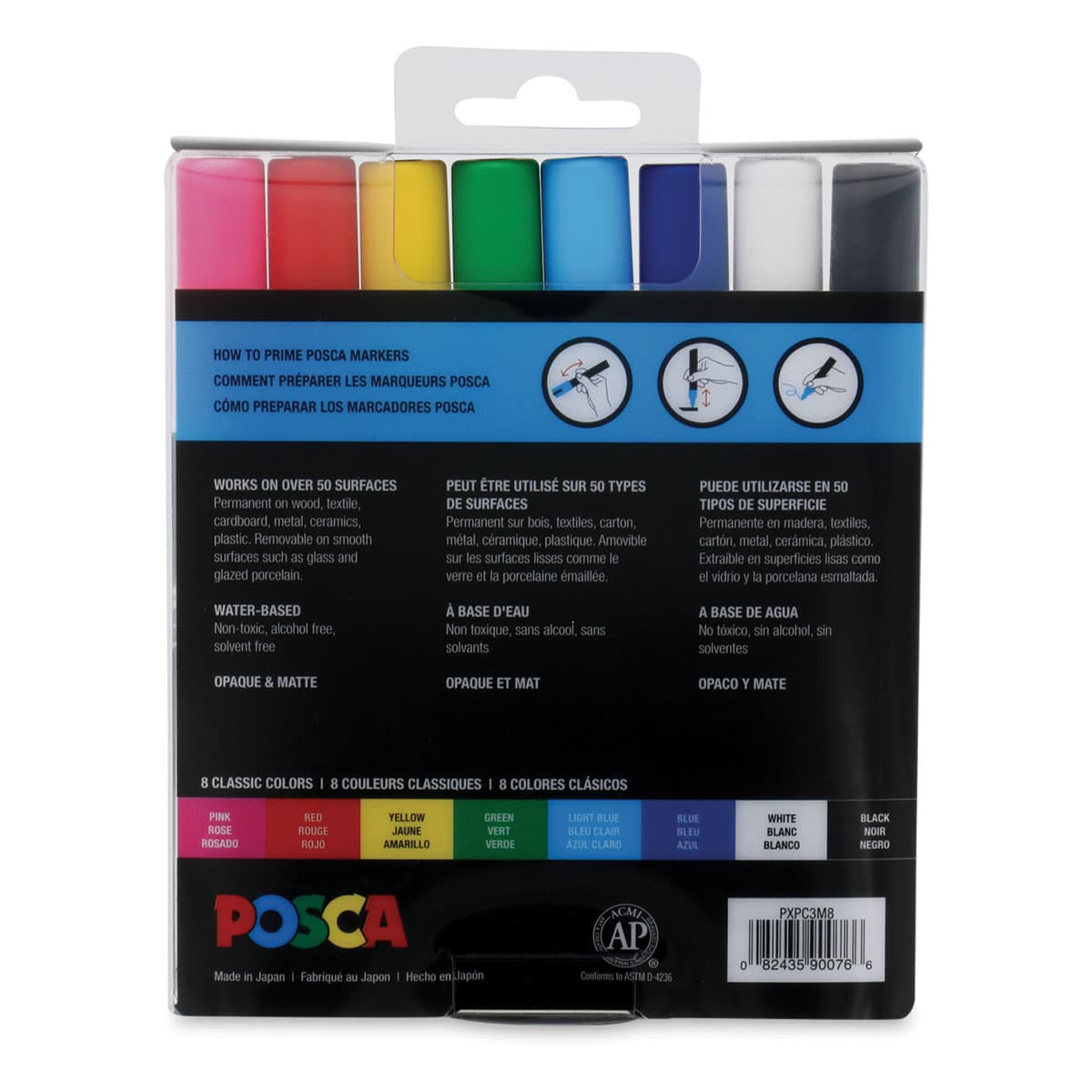Uni Posca Paint Markers - Assorted Colors, Set of 8, Fine, Bullet Tip, 0.9 mm - 1.3 mm - back of packaging