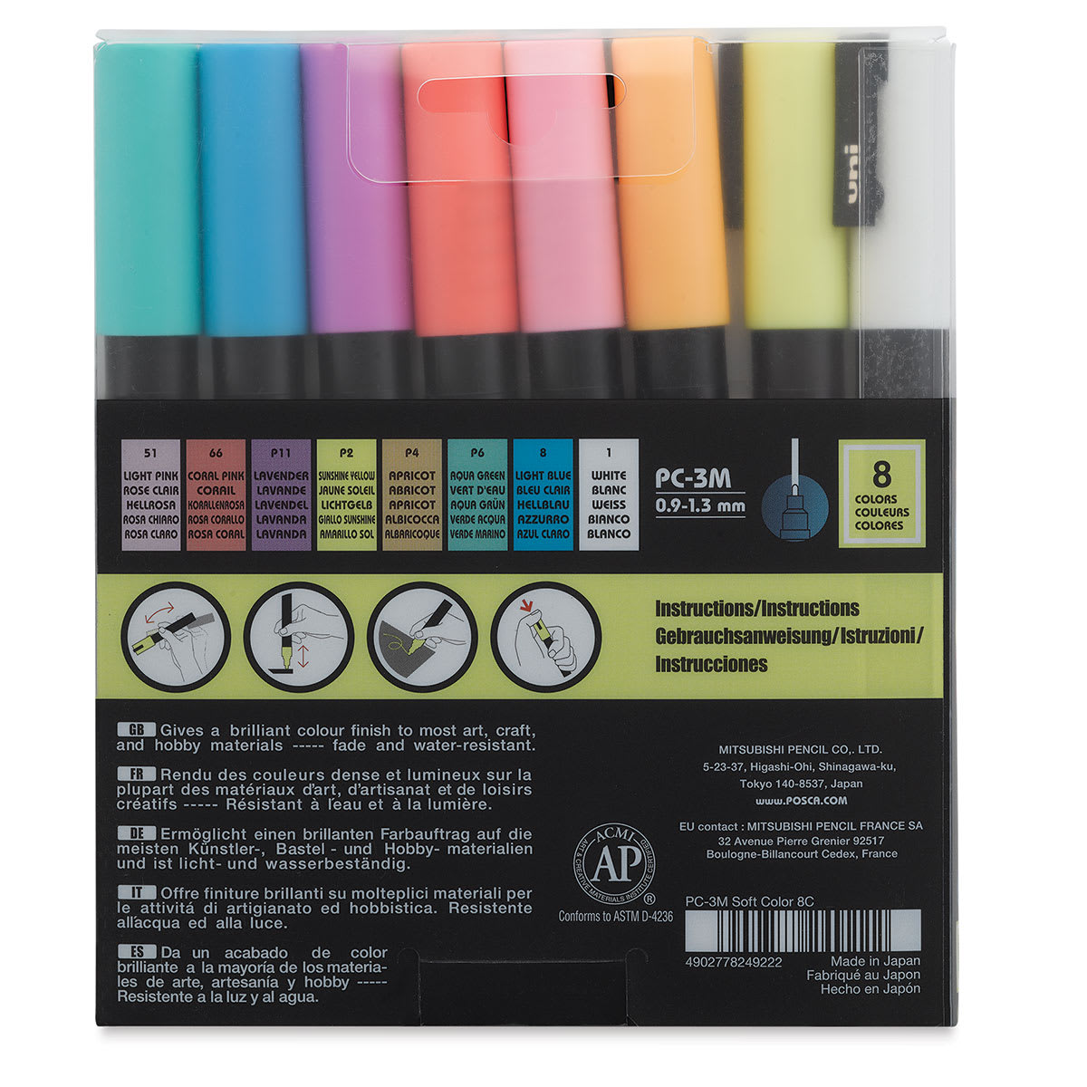 Uni Posca Paint Markers - Soft Colors, Set of 8, Fine, Bullet Tip, 0.9 mm - 1.3 mm - back of packaging