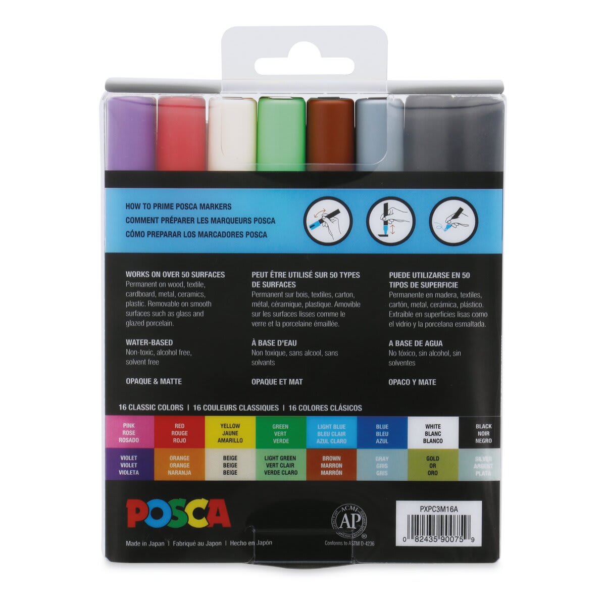 Uni Posca Paint Markers - Assorted Colors, Set of 16, Fine, Bullet Tip, 0.9 mm-1.3 mm - back of packaging