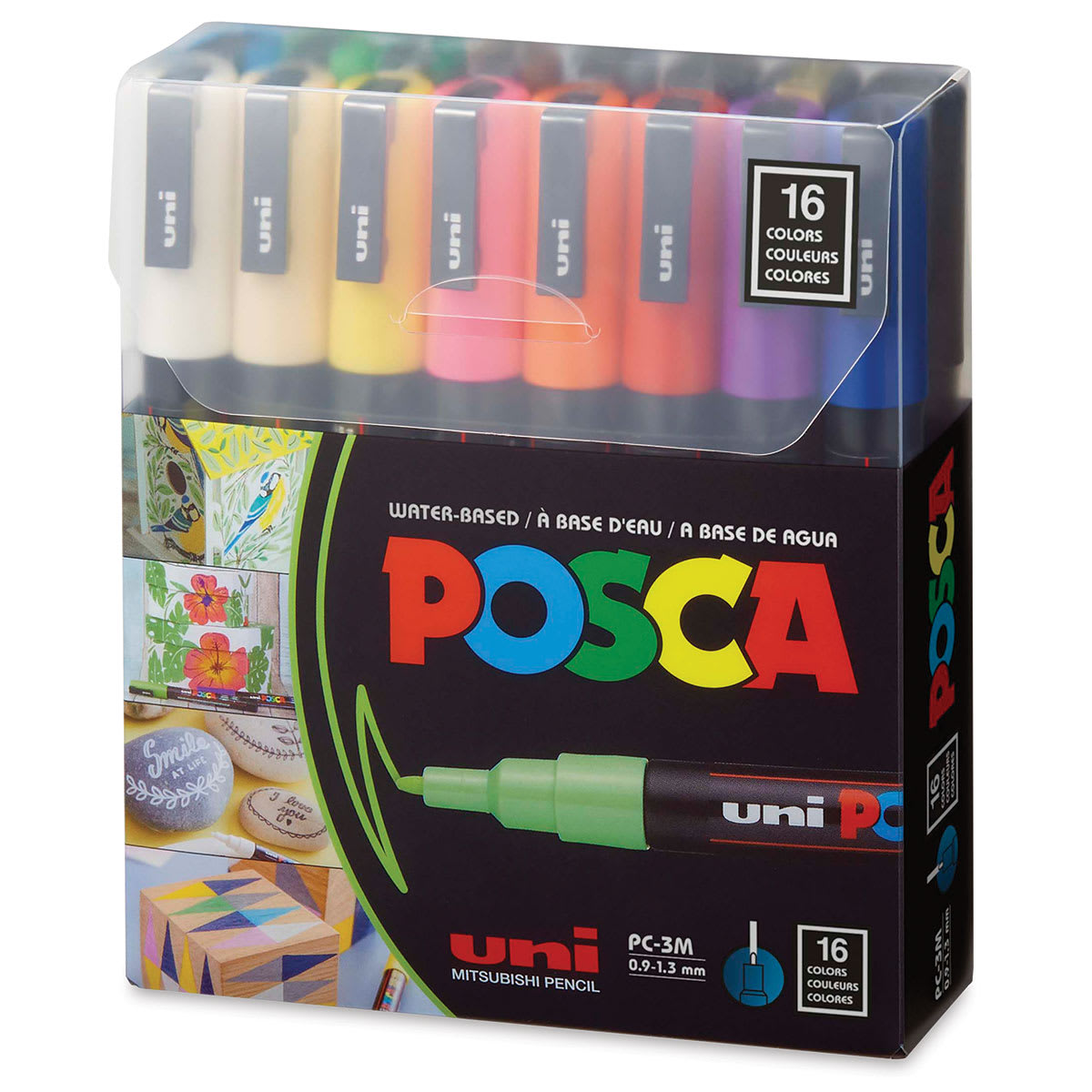 Uni Posca Paint Markers - Assorted Colors, Set of 16, Fine, Bullet Tip, 0.9 mm-1.3 mm - front of packaging