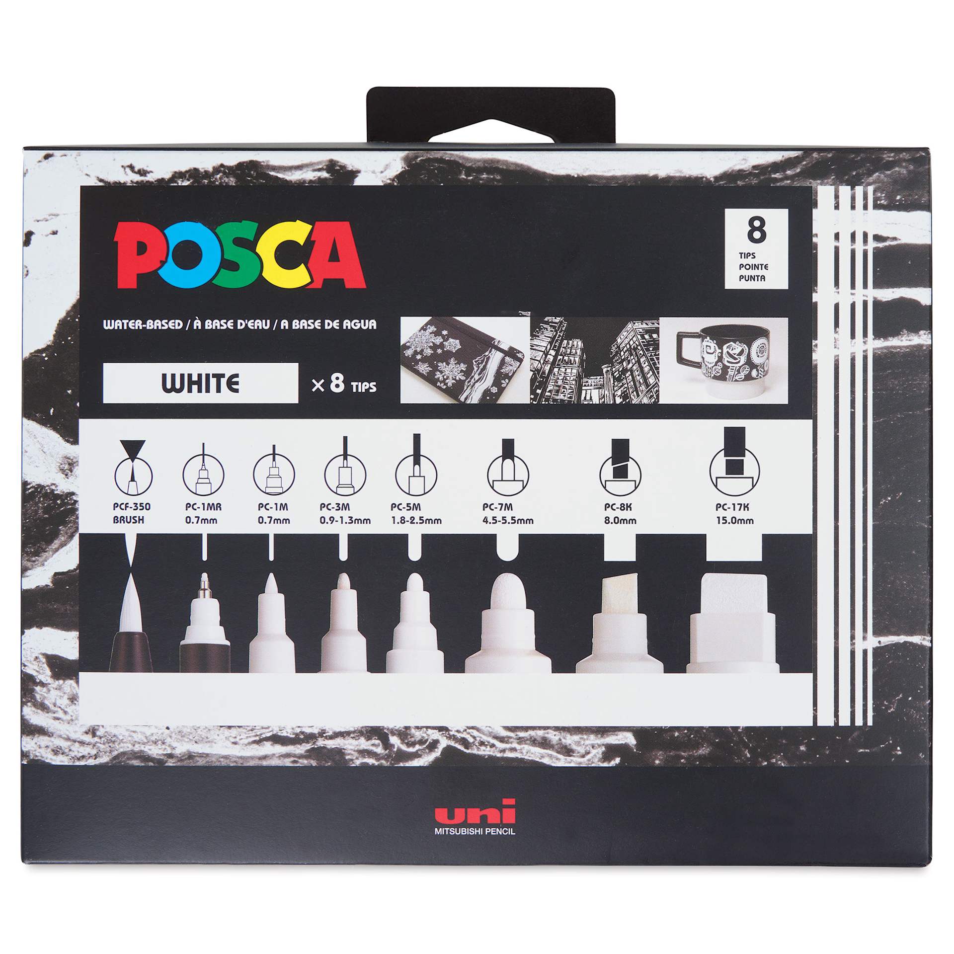 Uni Posca Paint Markers - White, Set of 8, Assorted Tips - front of packaging
