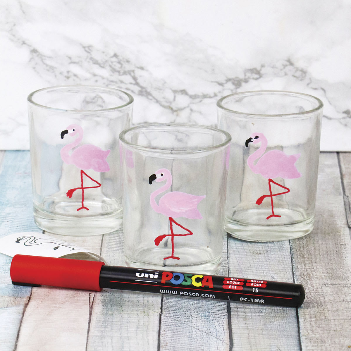Posca Paint Markers - finished flamingo art examples on drinking glasses