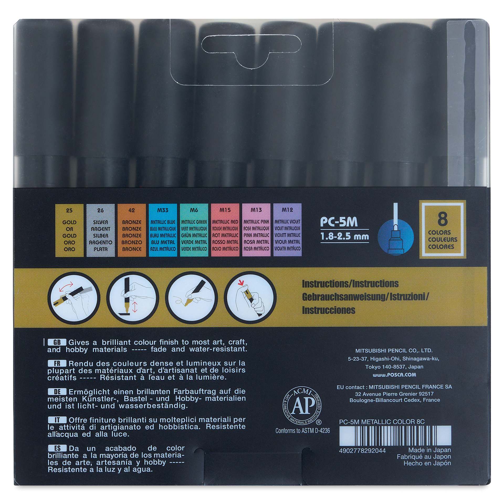 Posca Paint Markers - Metallic, Set of 8, Medium Tip - back of packaging