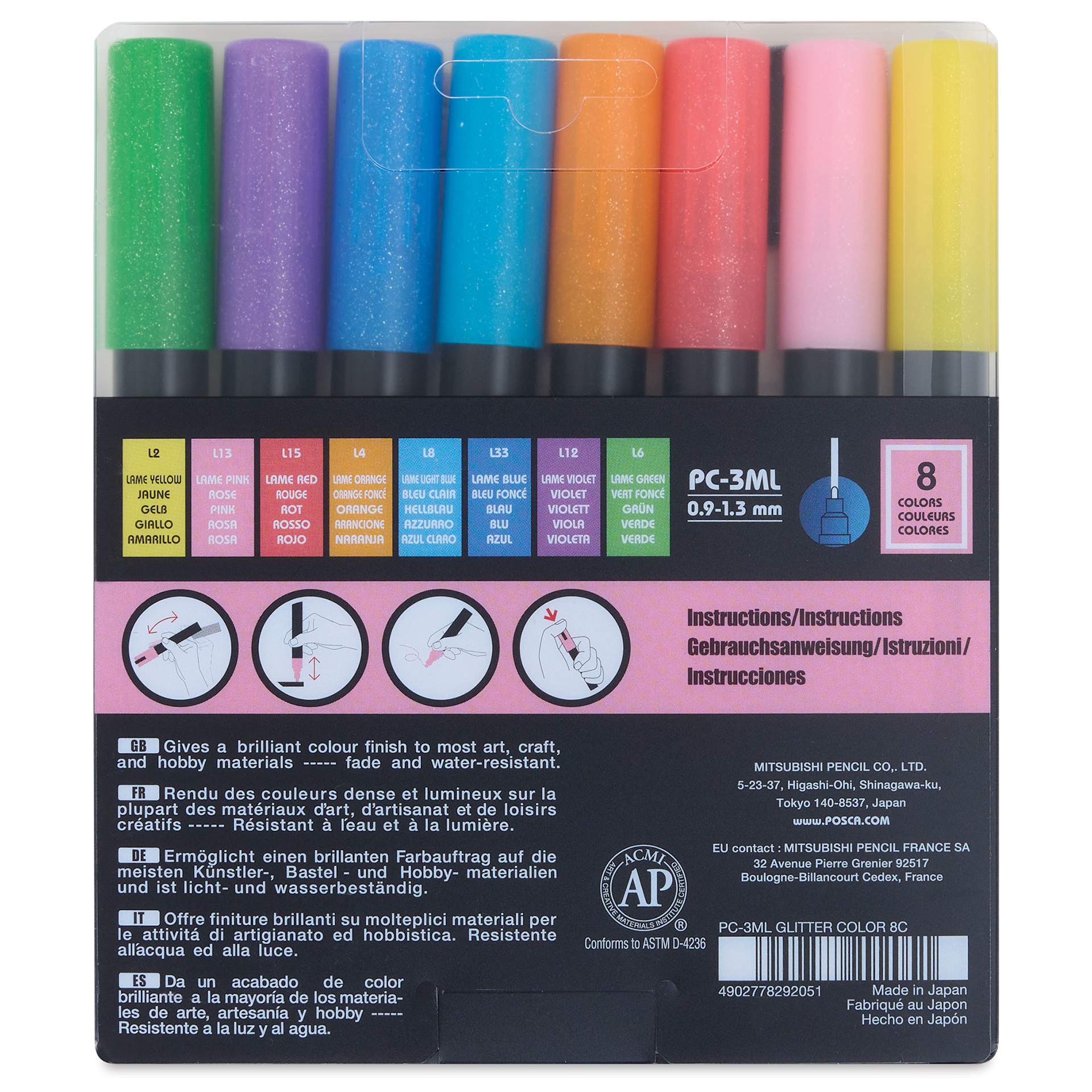 Posca Paint Markers - Glitter, Set of 8, Fine Tip - back of packaging