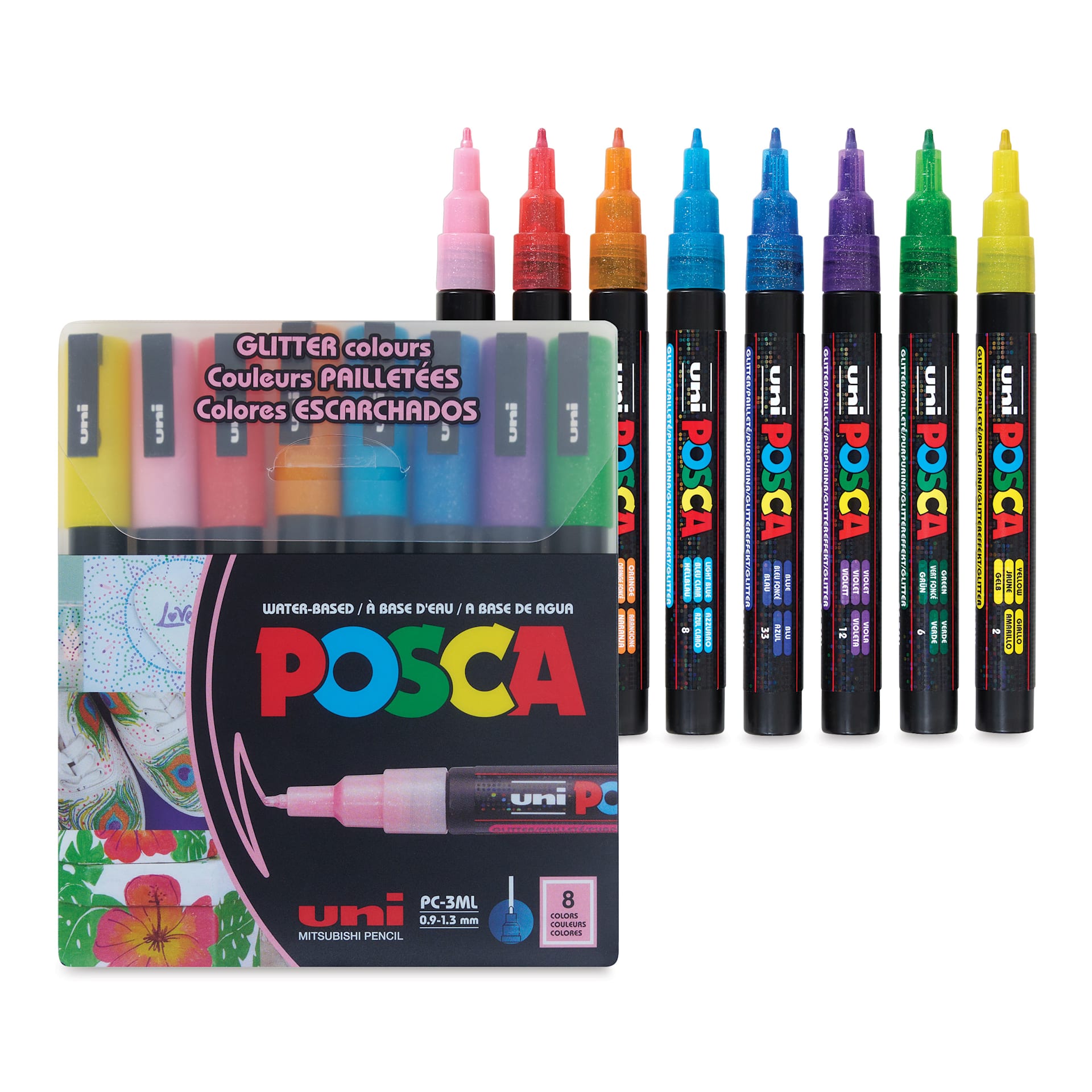 Posca Paint Markers - Set of 8 Assorted Colors, Medium Tip, 2.5 mm - packaging and open markers
