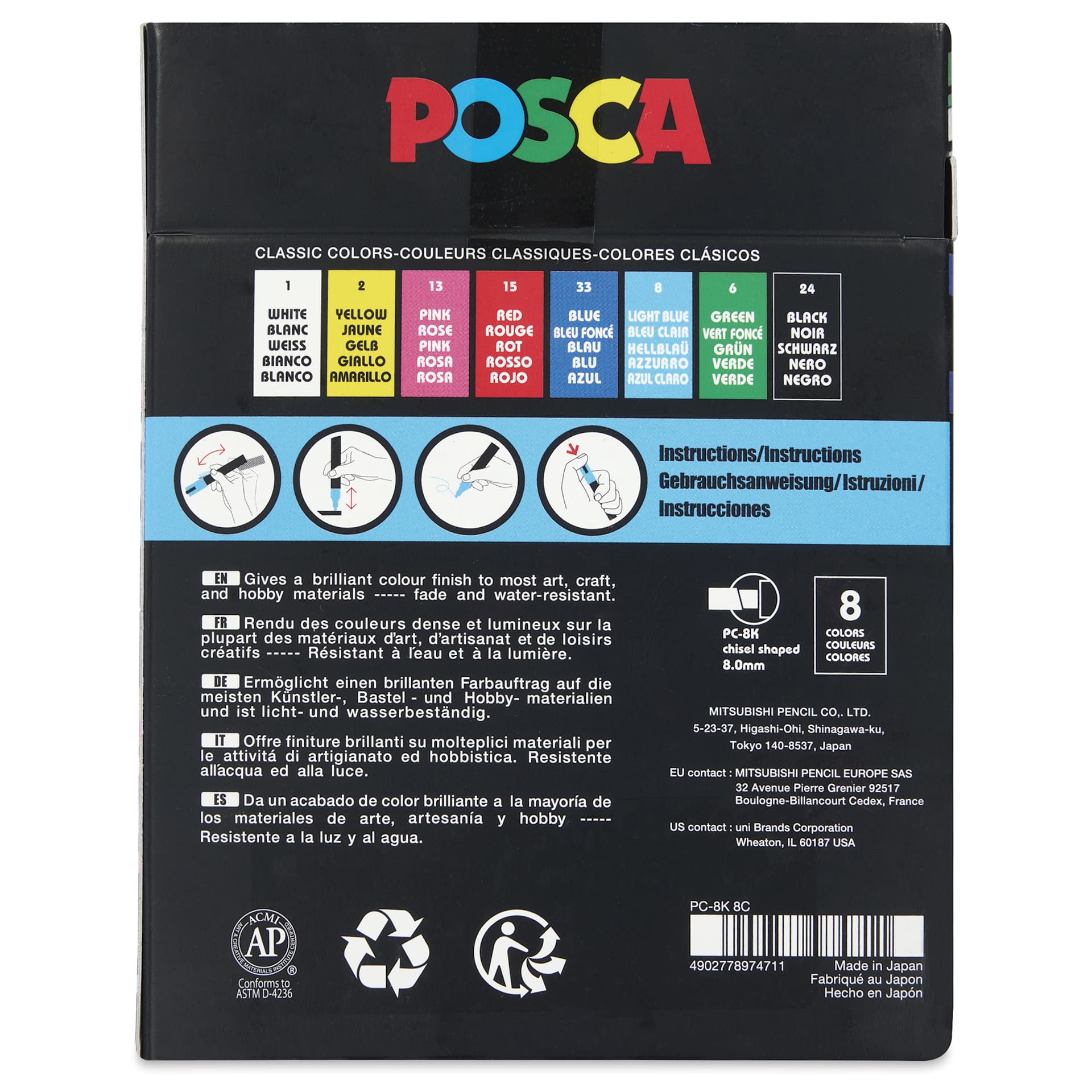 Posca Paint Markers - Classic Colors, Set of 8, 8 mm, back of the packaging