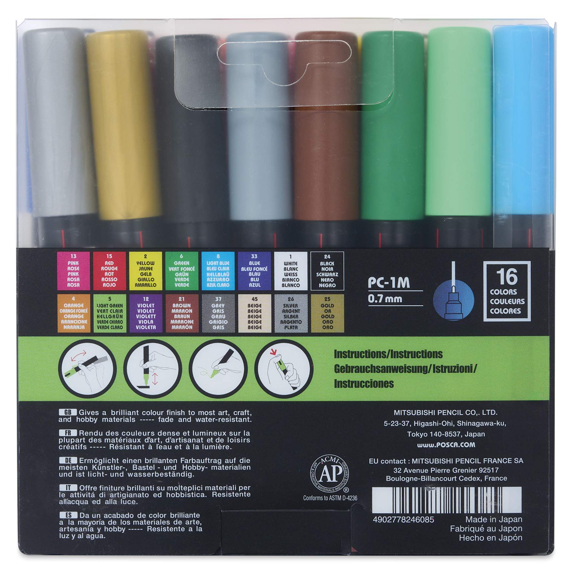 Posca Paint Markers - Assorted Colors, Set of 16, 0.7 mm, back of the packaging