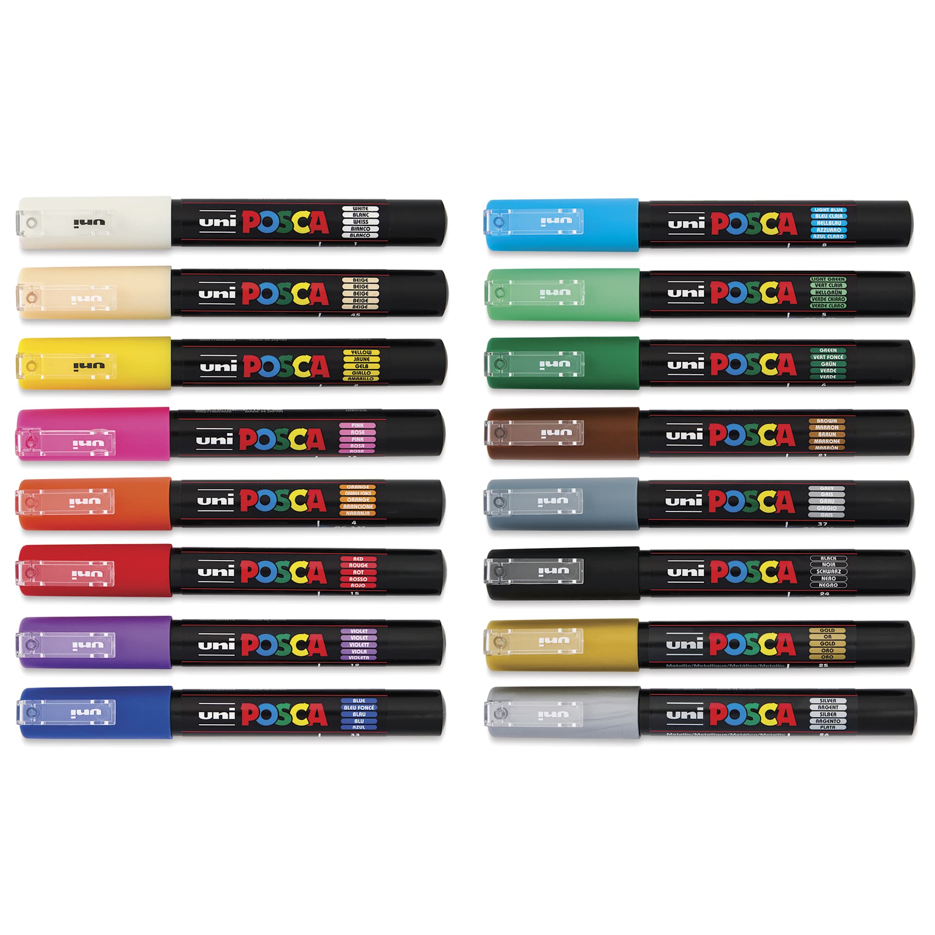 Posca Paint Markers - Assorted Colors, Set of 16, 0.7 mm, laid out with caps on