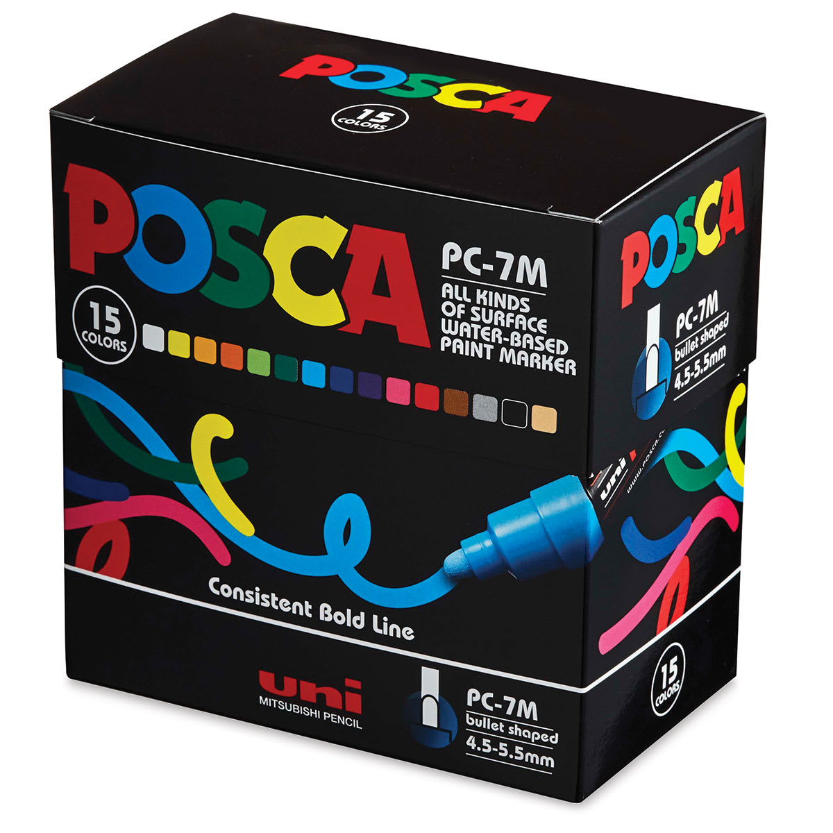 Uni Posca Paint Markers - __BLICK Exclusive__ Assorted Colors, Set of 15, Bullet Tip, 7 mm (front of package)