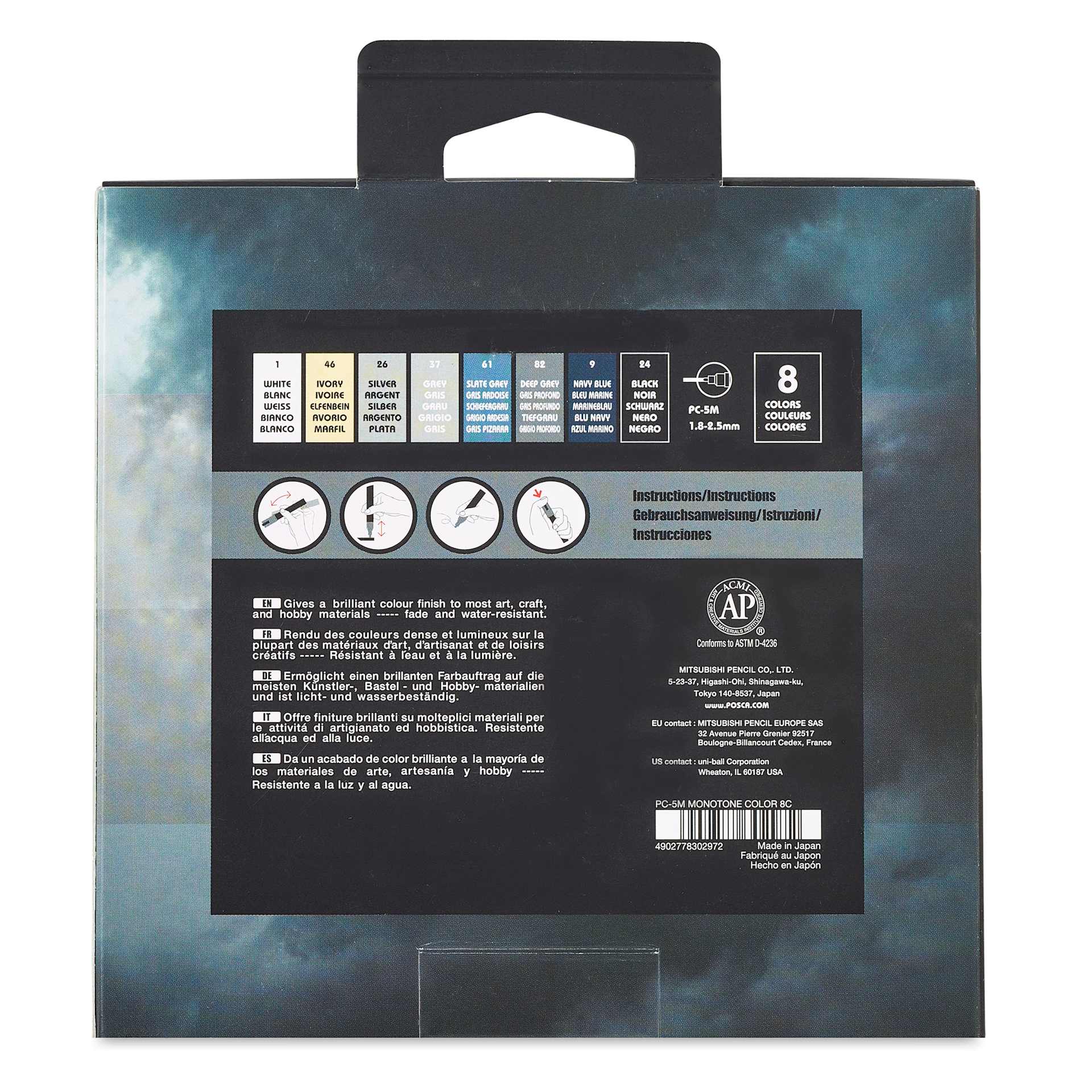 Posca Paint Markers - Monotone Colors, Set of 8 - back of packaging