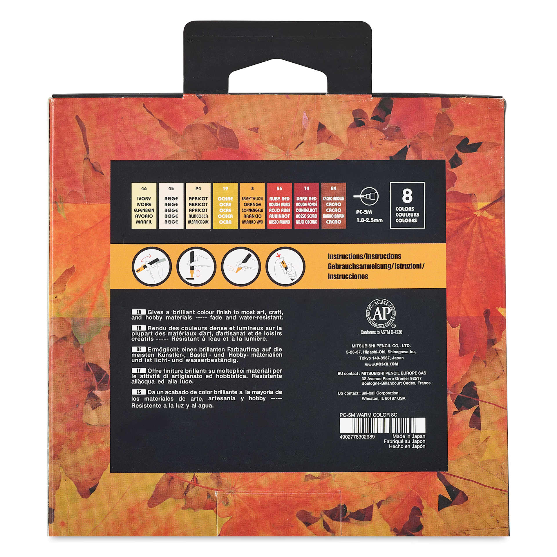 Posca Paint Markers - Warm Tone Colors, Set of 8 - back of packaging