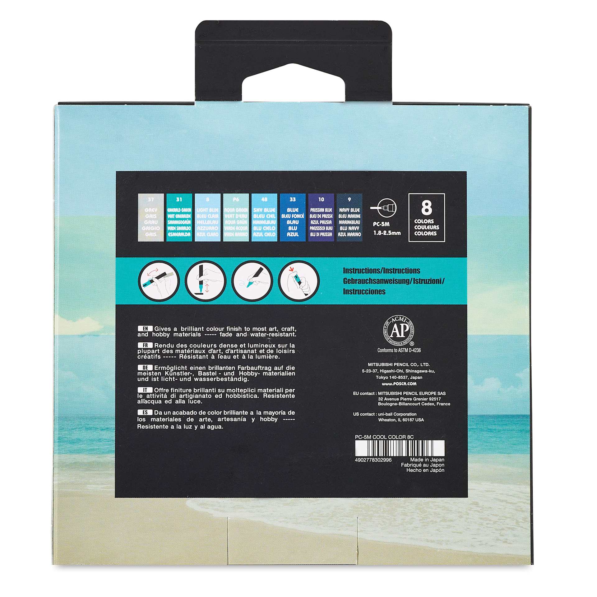 Posca Paint Markers - Cool Tone Colors, Set of 8 - back of packaging
