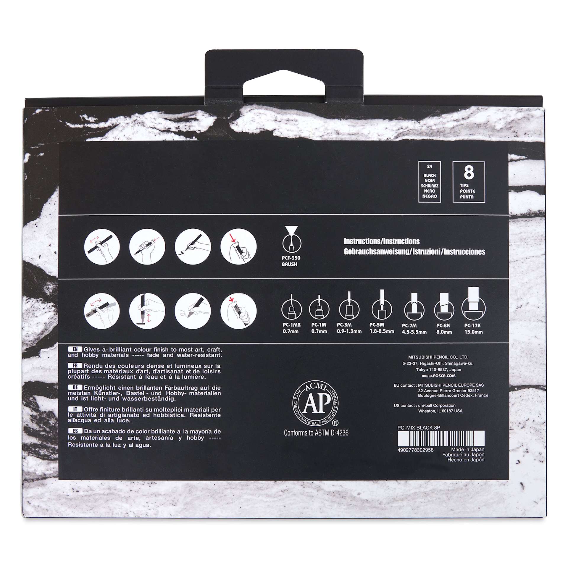 Uni-Posca Paint Marker - Black, Set of 8, Assorted Tips - back of packaging