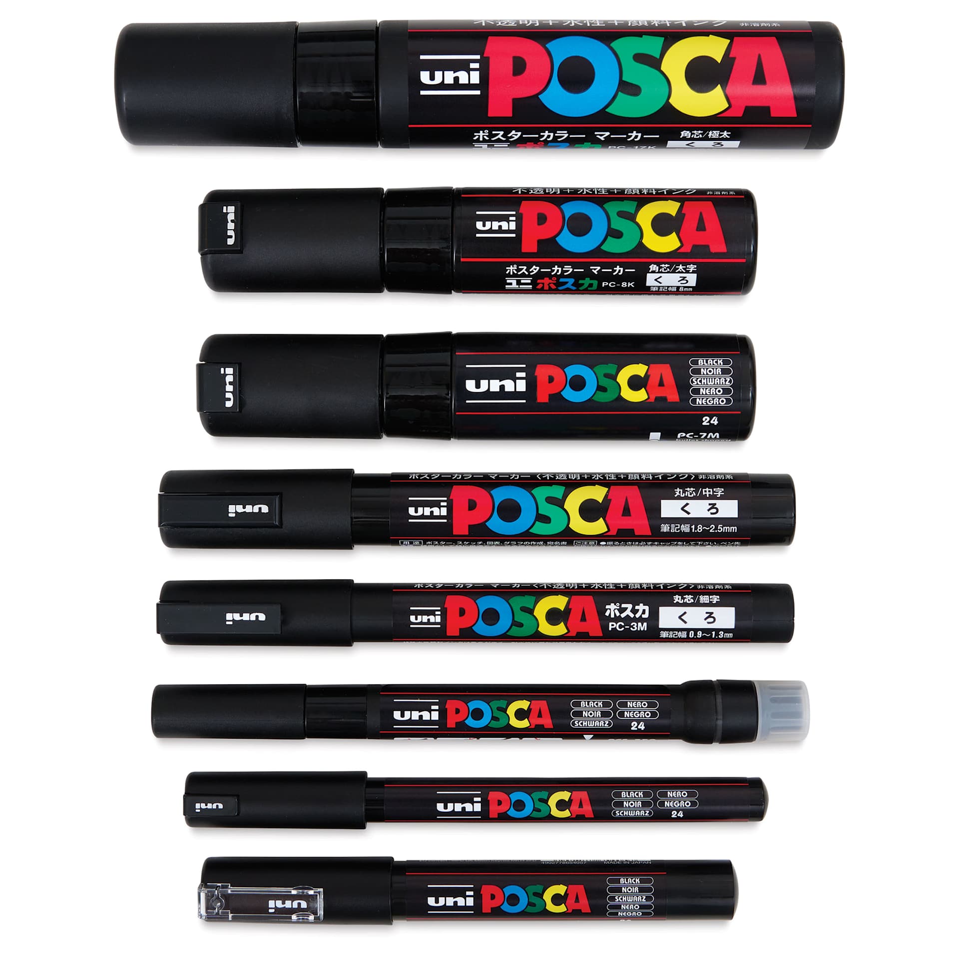 Uni-Posca Paint Marker - Black, Set of 8, Assorted Tips - with caps on