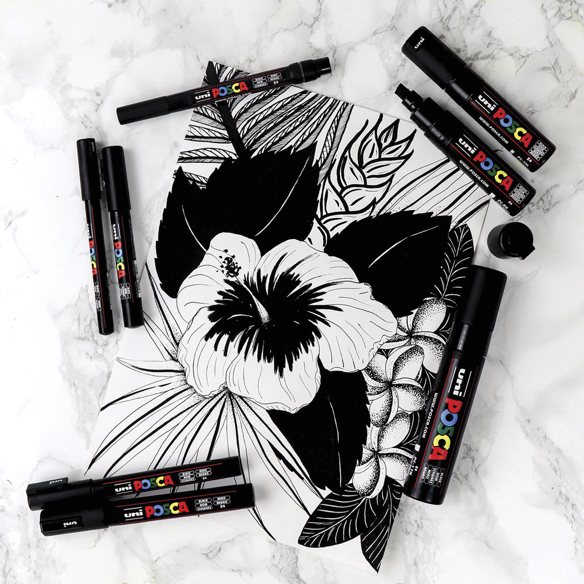 Uni Posca Paint Markers - Black, Set of 8, Assorted Tips - finished artwork example