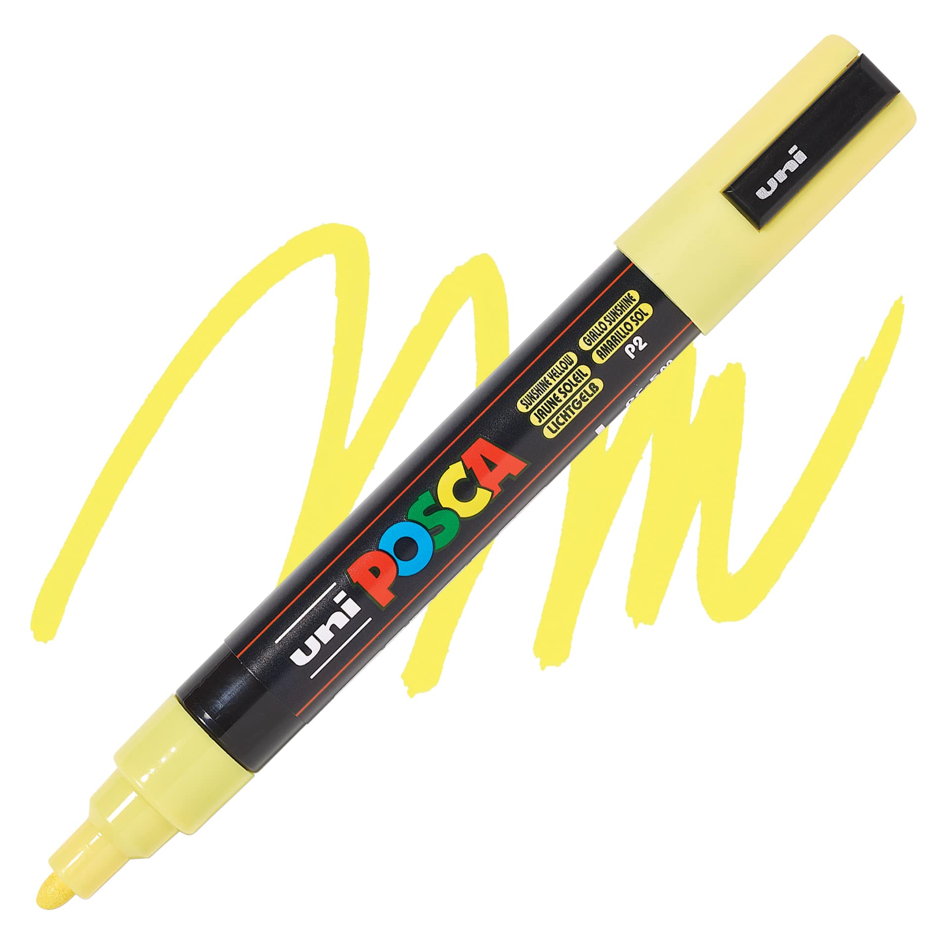 Uni Posca Paint Marker - Sunshine Yellow, Bullet Tip, 2.5 mm, swatch and marker