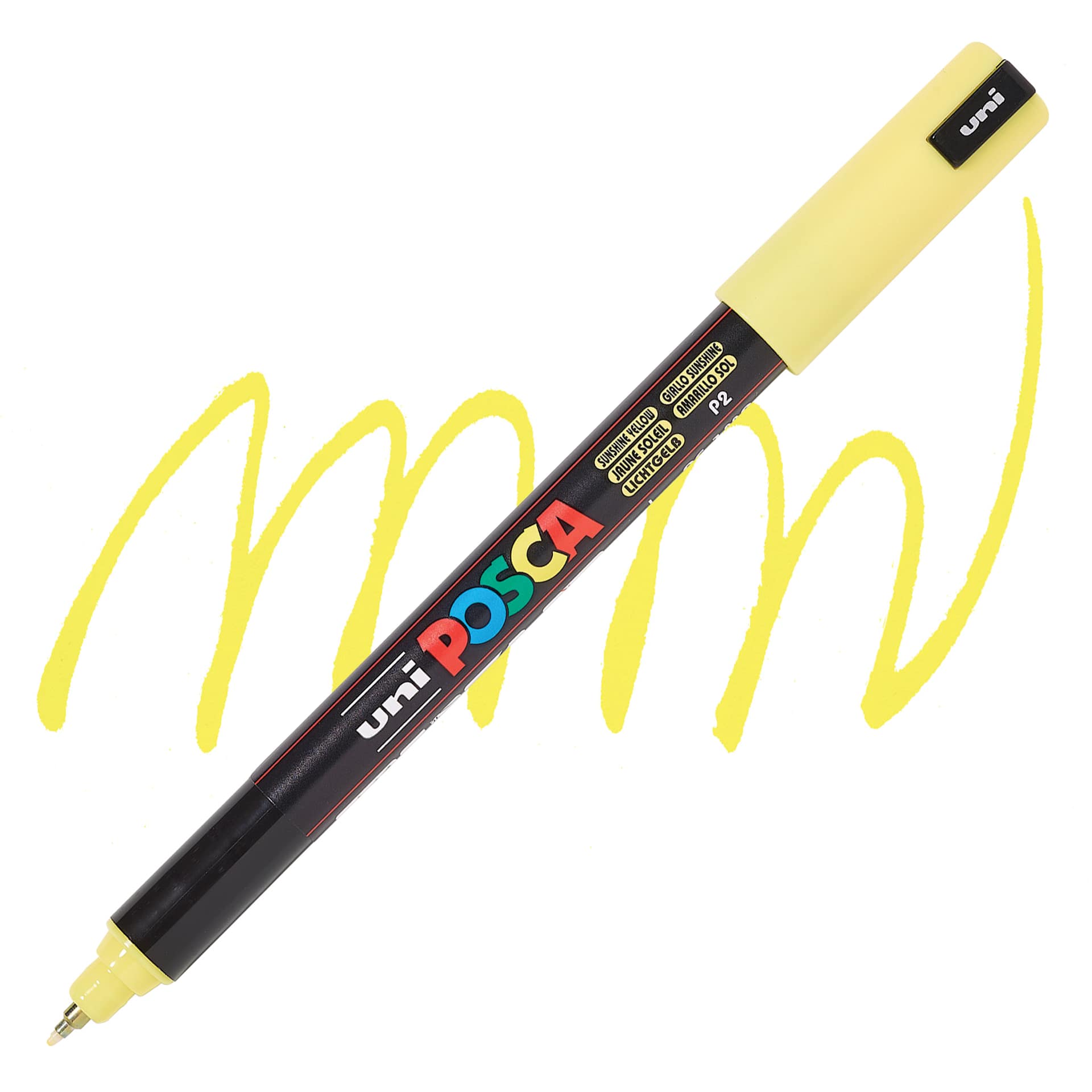 Uni Posca Paint Marker - Sunshine Yellow, X-Fine Tip, 0.7 mm, swatch and marker