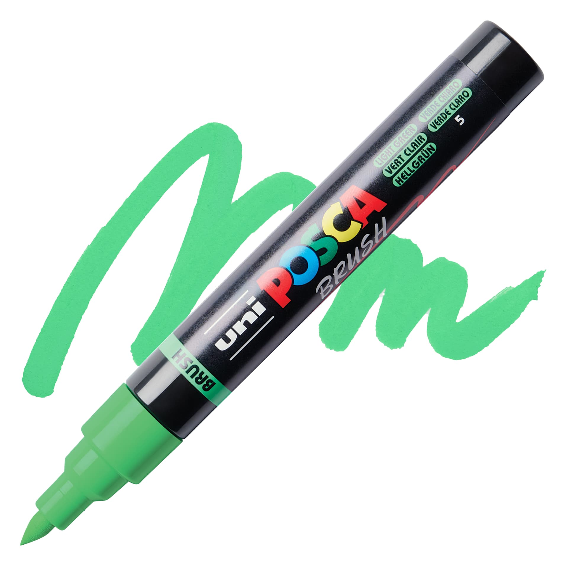 Posca Brush Paint Marker - Light Green, Brush Tip, swatch and marker