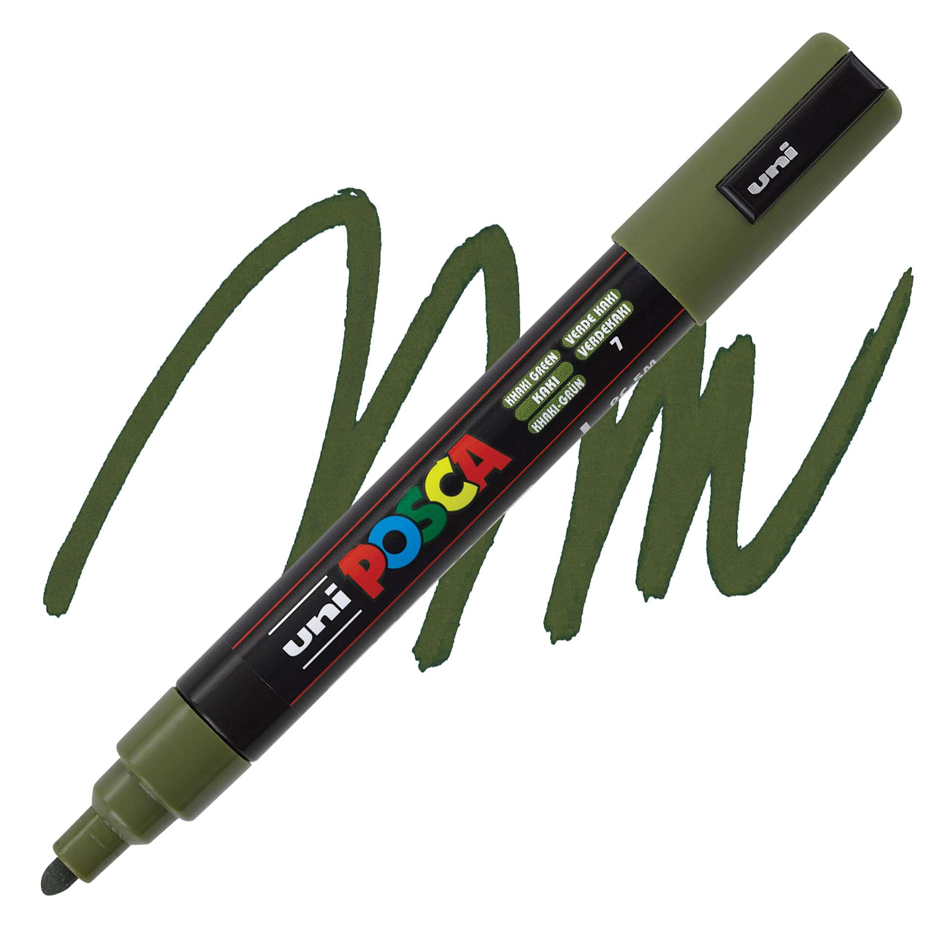 Posca Paint Marker - Khaki Green, Bullet Tip, 2.5 mm - swatch and marker