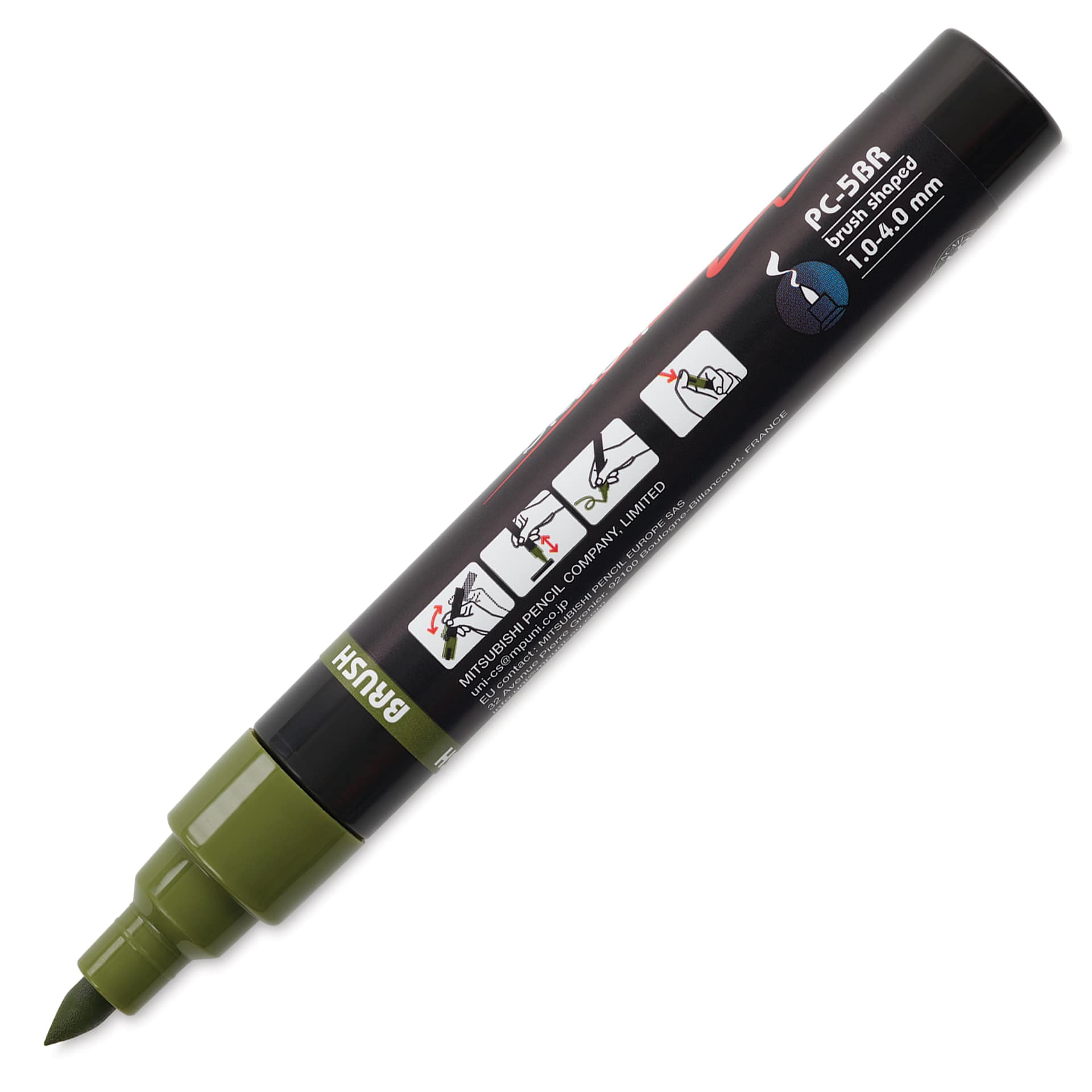 Posca Brush Paint Marker - Khaki Green, Brush Tip, 1 - 4 mm, cap off