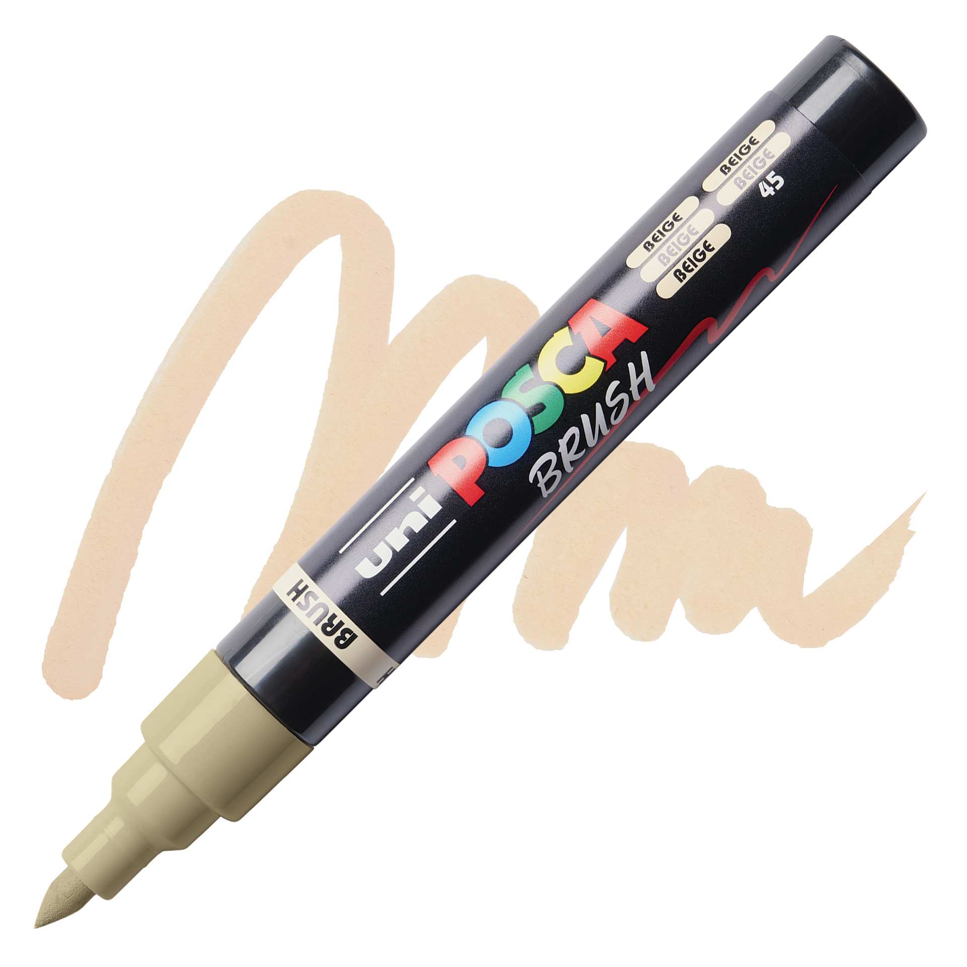 Posca Brush Paint Marker - Beige, Brush Tip, swatch and marker