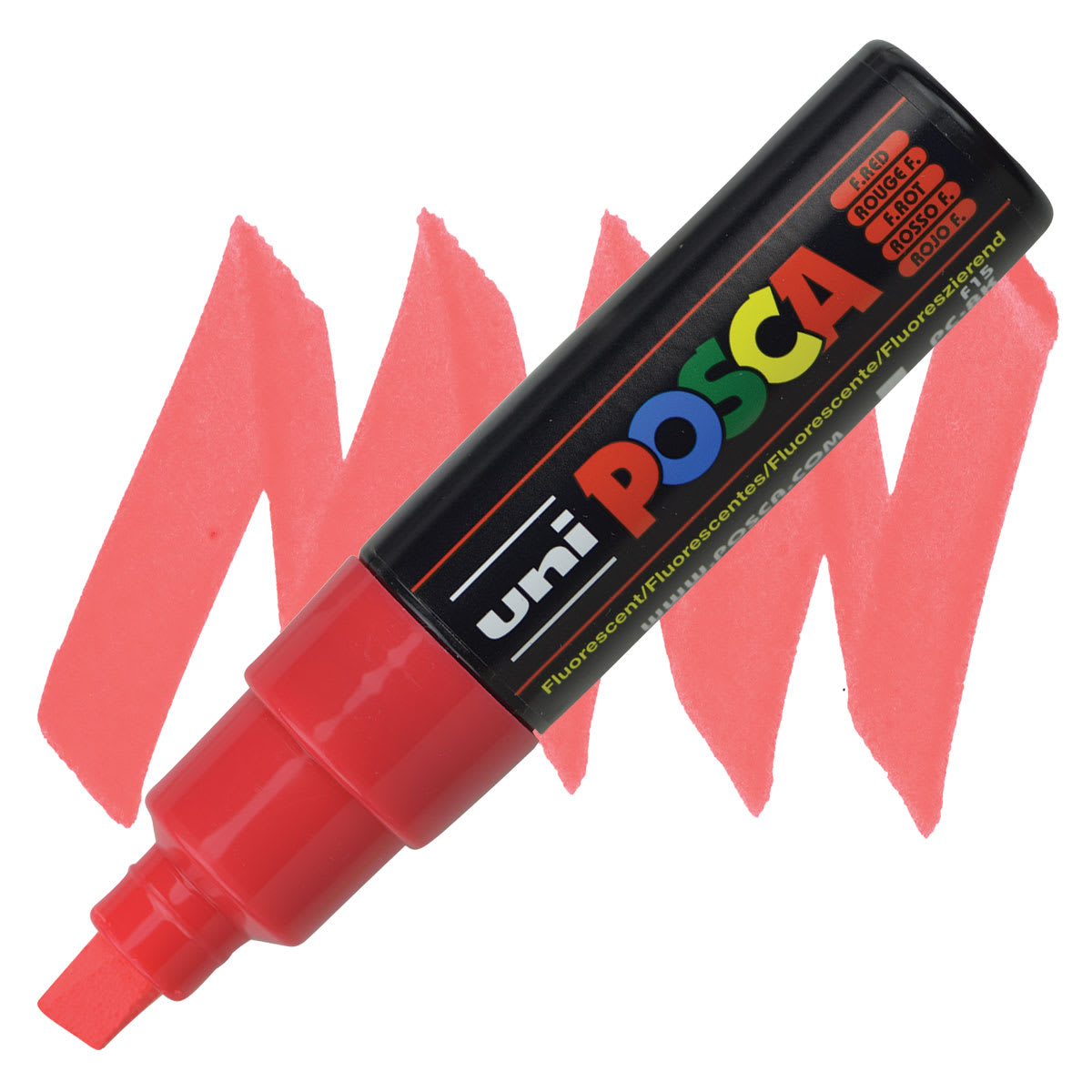Posca Paint Marker - Fluorescent Red, Broad Chisel, 8 mm - marker and swatch