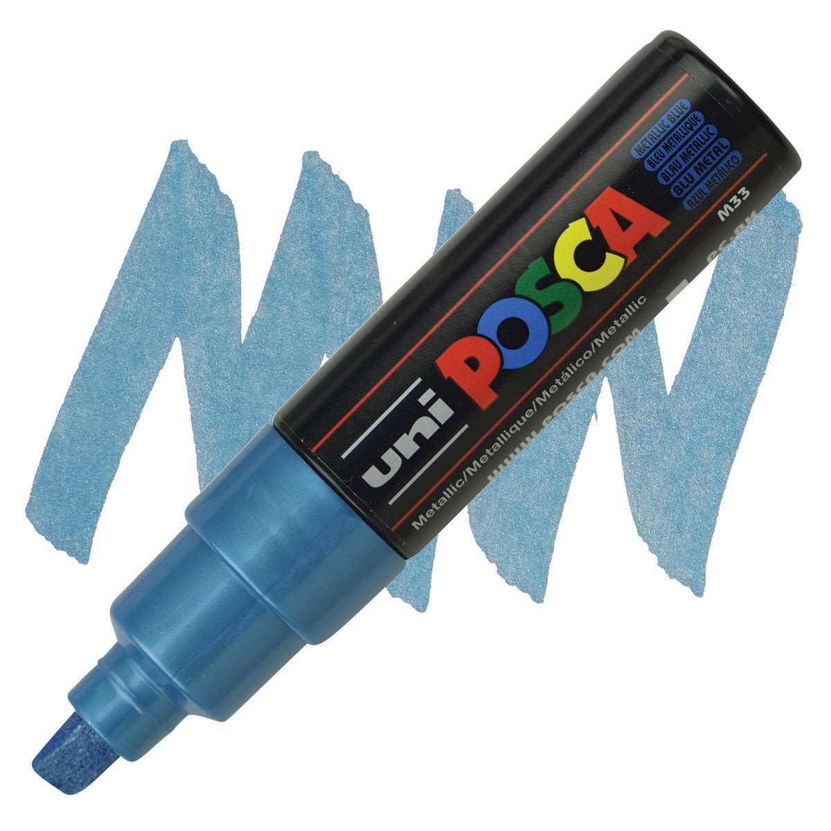 Posca Paint Marker - Metallic Blue, Broad Chisel Tip, 8 mm - marker and swatch