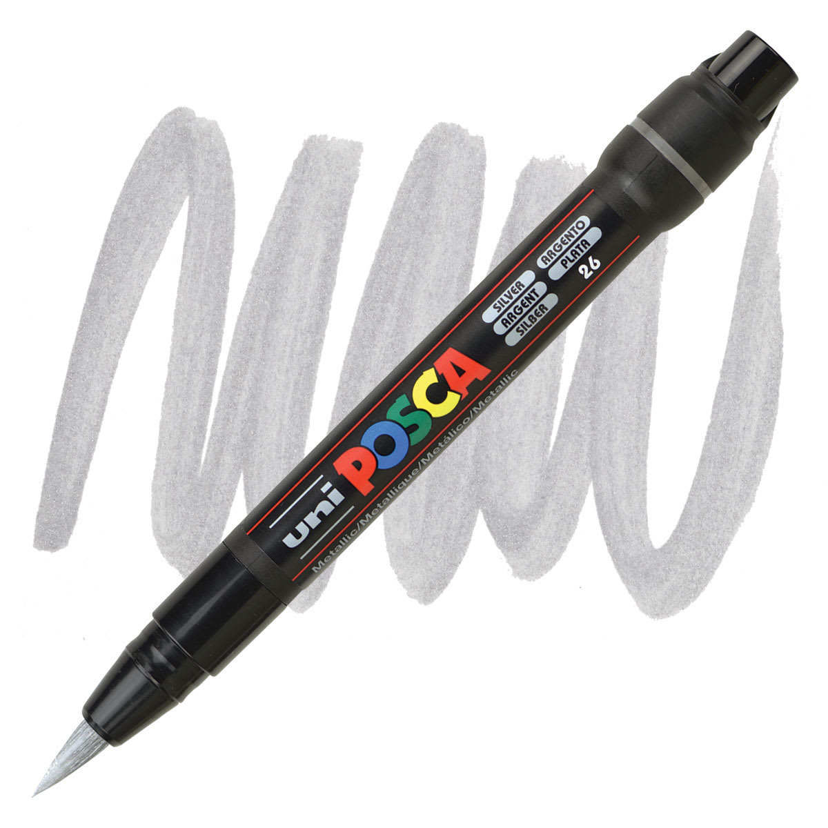 Uni Posca Paint Marker - Silver, Brush Tip marker and swatch