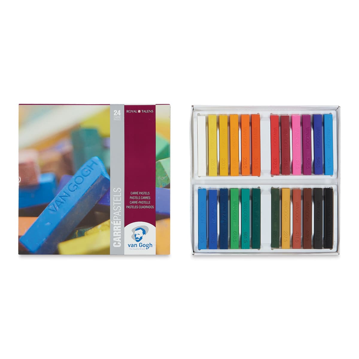 Van Gogh Hard Pastels - Set of 24 pastels shown in tray with package cover adjacent