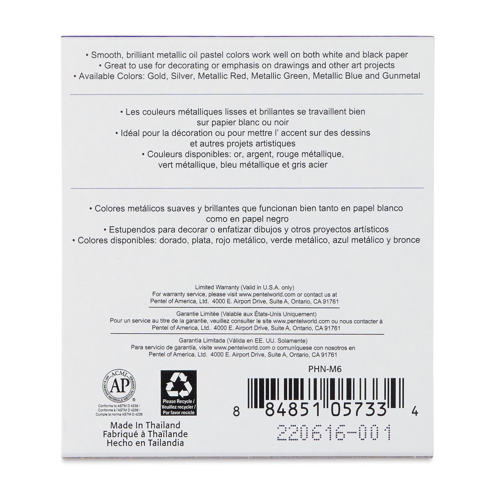 Pentel Oil Pastel Set - Metallic Colors, Set of 6 (back of packaging)