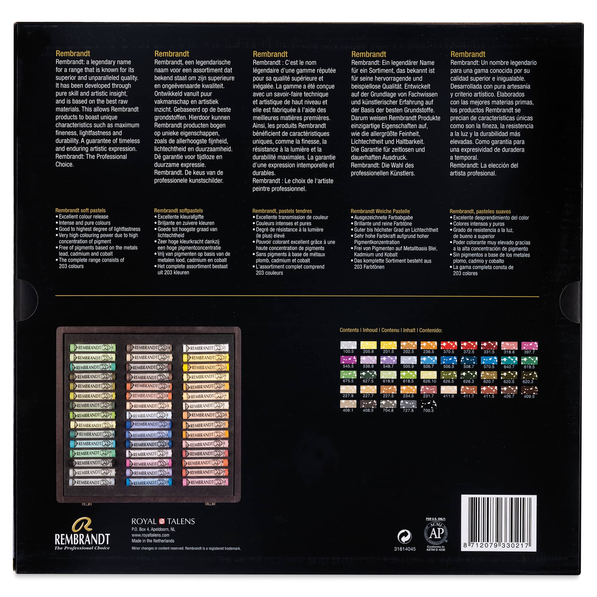 Rembrandt Soft Pastel Set - Landscape, Wood Box, Set of 45, back of packaging