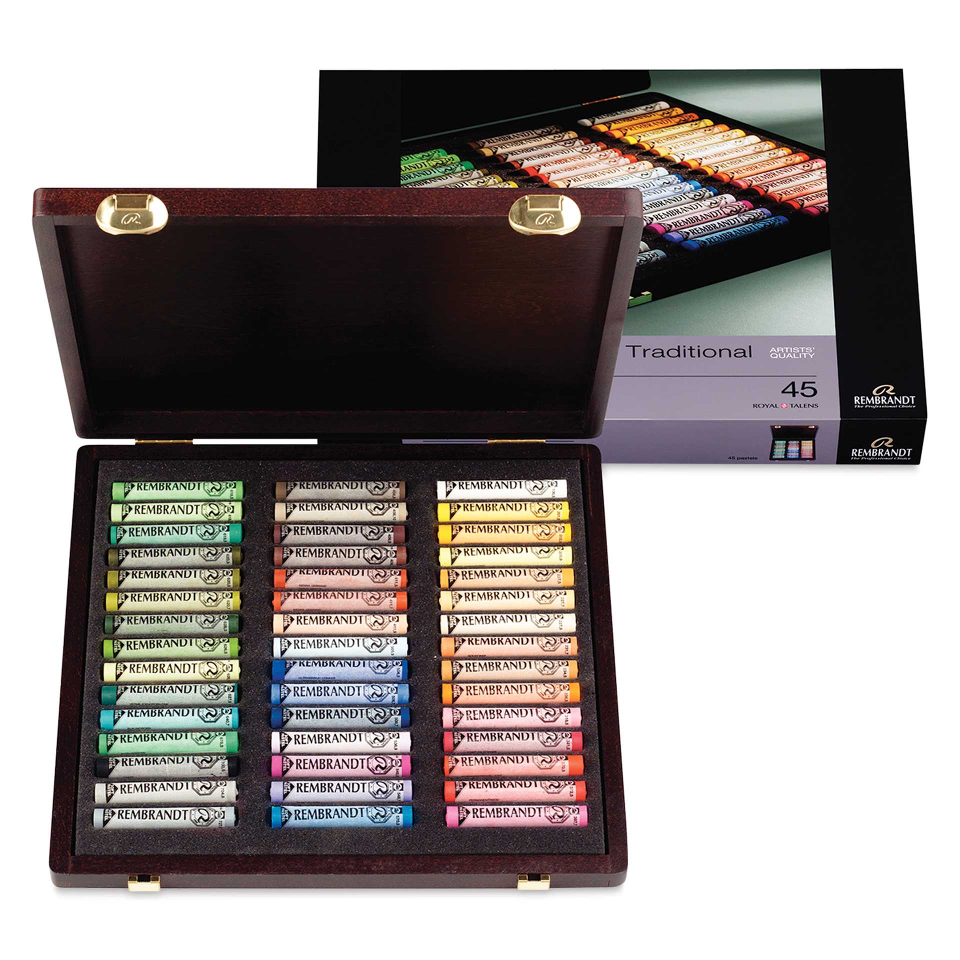 Rembrandt Soft Pastel Set - Landscape, Wood Box, Set of 45, open packaging