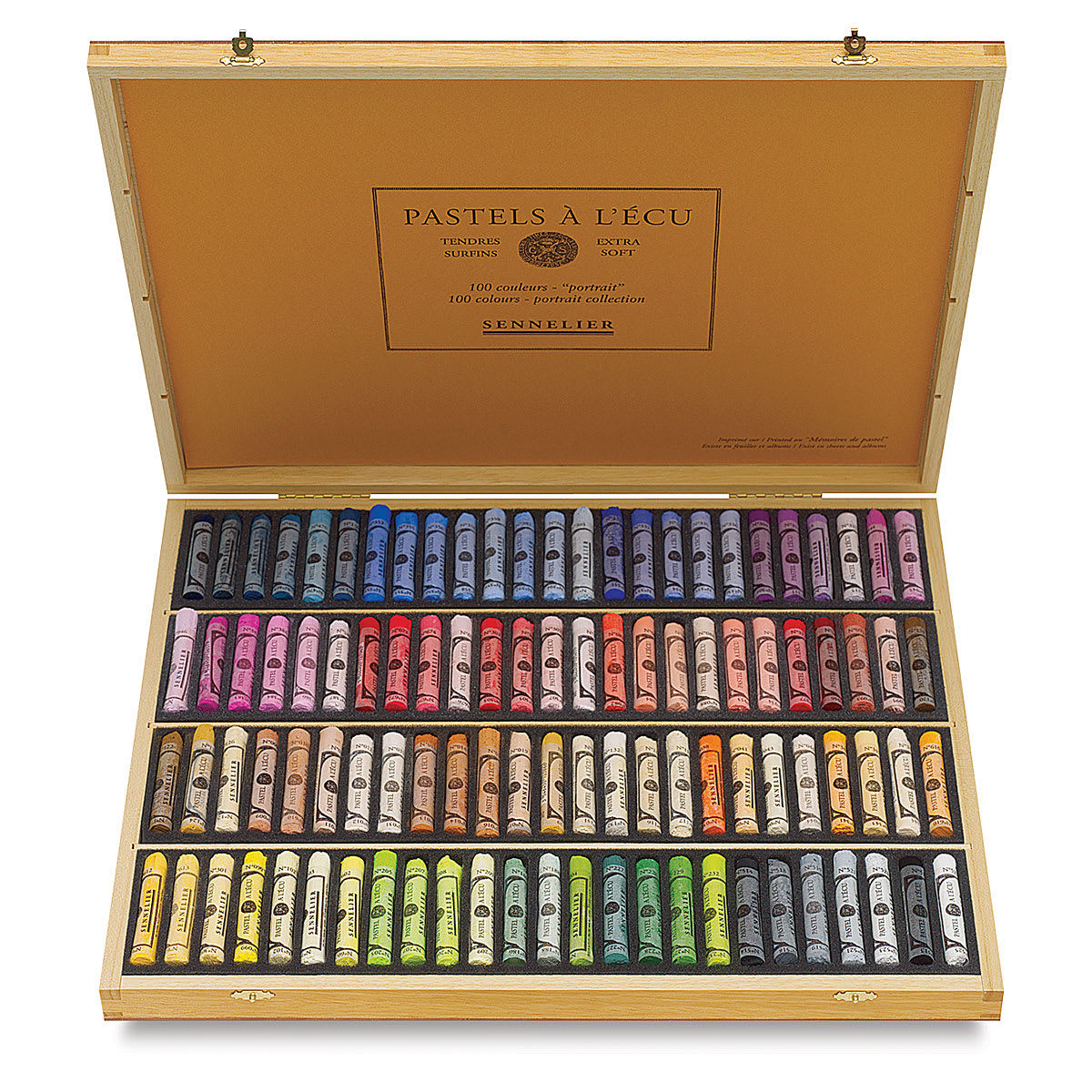 Sennelier Soft Pastels - Set of 100, Portrait Colors, Wood Box (box open showing pastels)