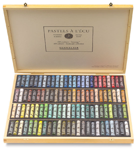 Sennelier Soft Pastels - Set of 100, Landscape Colors, Wood Box (box open to show contents)